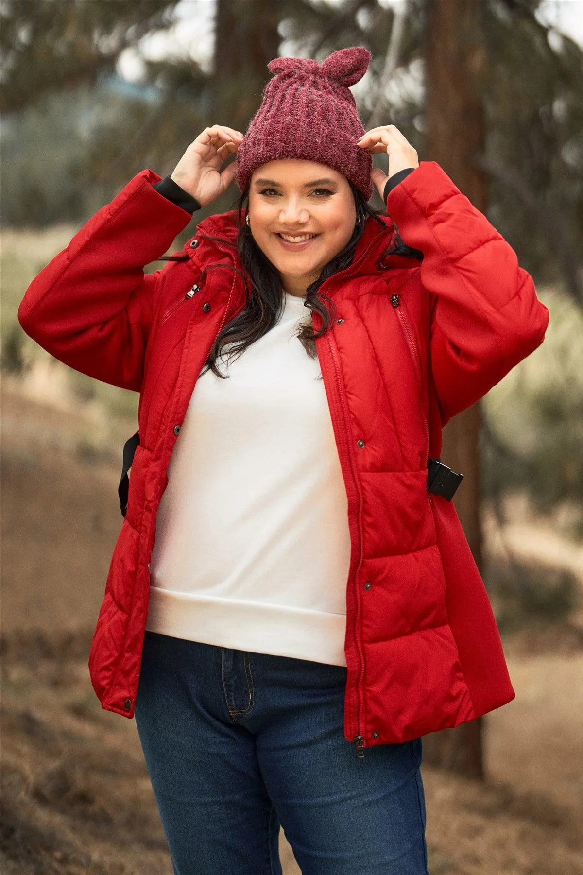Junior Plus Red Faux Fur Harness Buckle Belt Detail Long Fitted Puffer Jacket /1-1-1-1