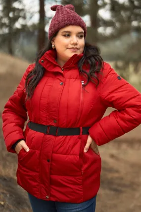 Junior Plus Red Faux Fur Harness Buckle Belt Detail Long Fitted Puffer Jacket /1-1-1-1