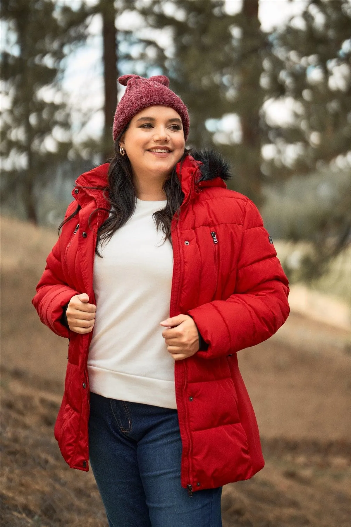 Junior Plus Red Faux Fur Harness Buckle Belt Detail Long Fitted Puffer Jacket /1-1-1-1
