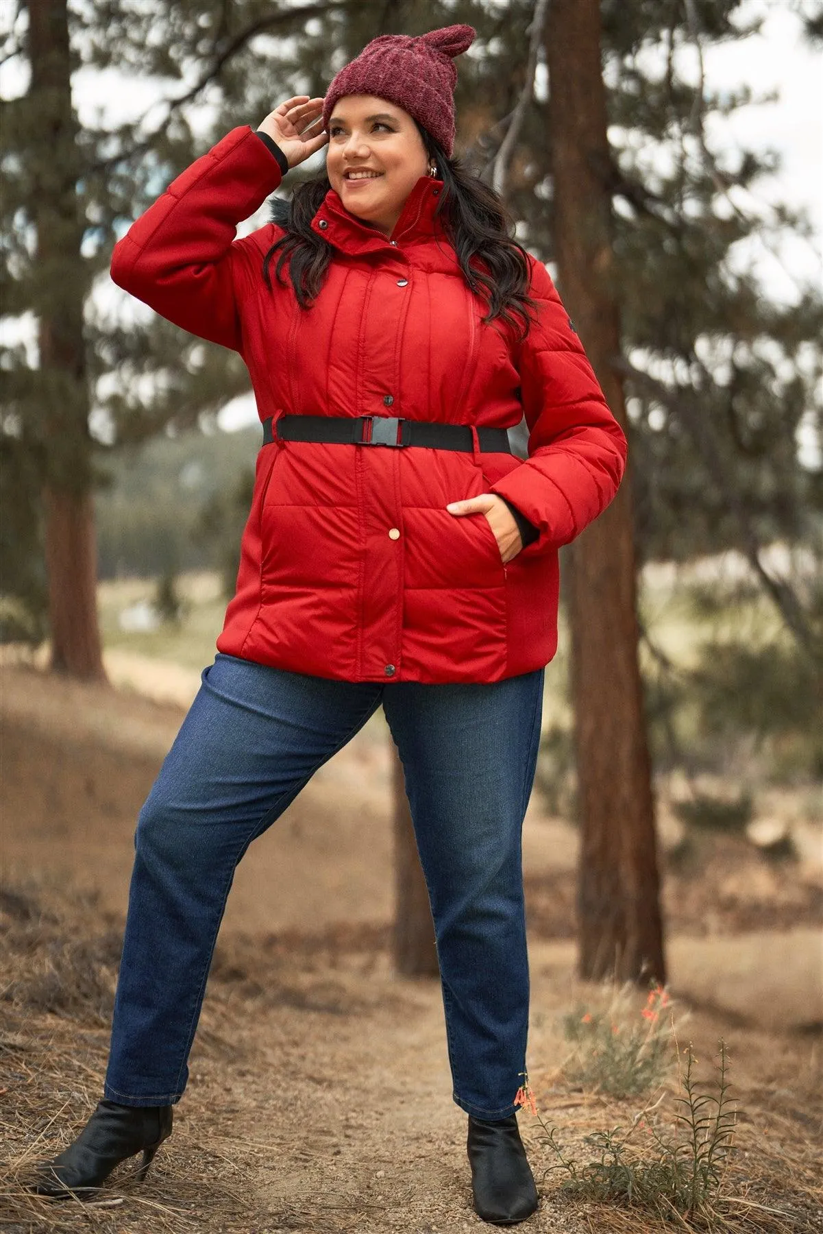 Junior Plus Red Faux Fur Harness Buckle Belt Detail Long Fitted Puffer Jacket /1-1-1-1
