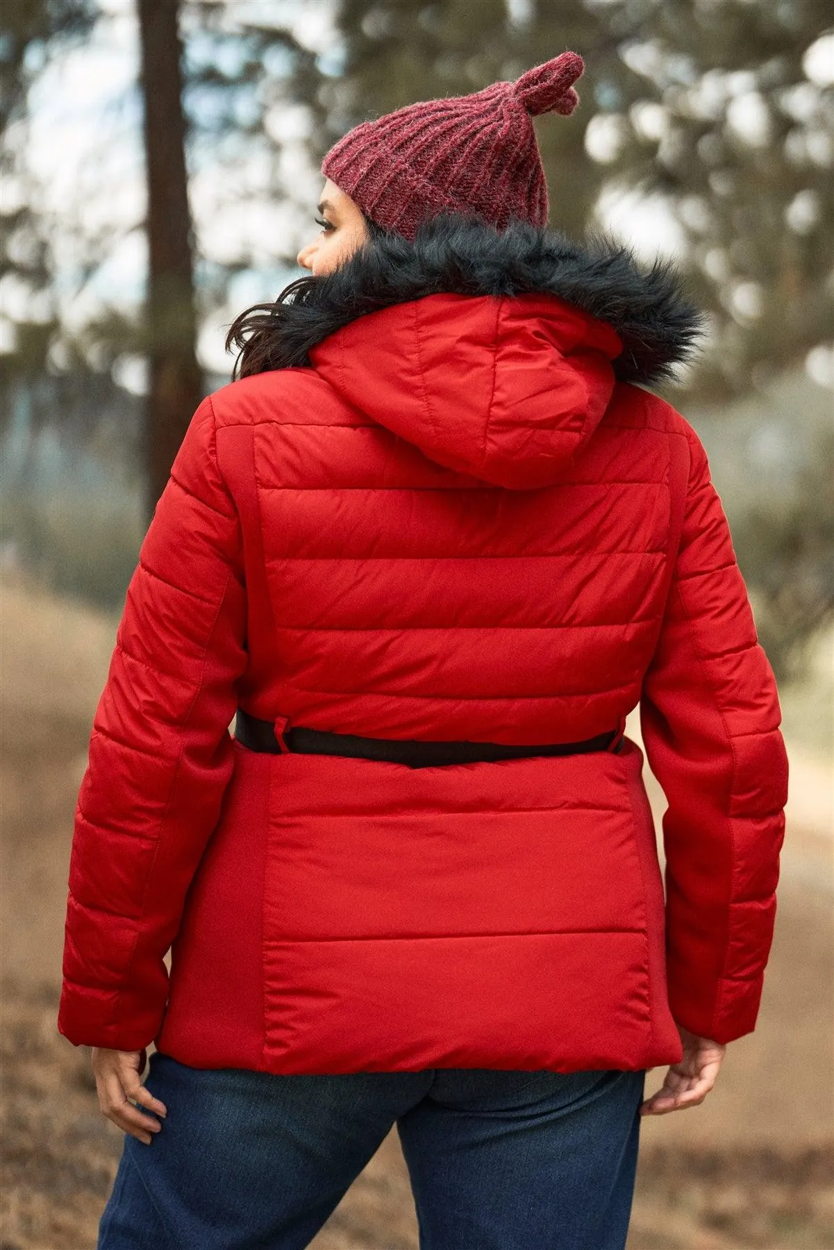 Junior Plus Red Faux Fur Harness Buckle Belt Detail Long Fitted Puffer Jacket /1-1-1-1