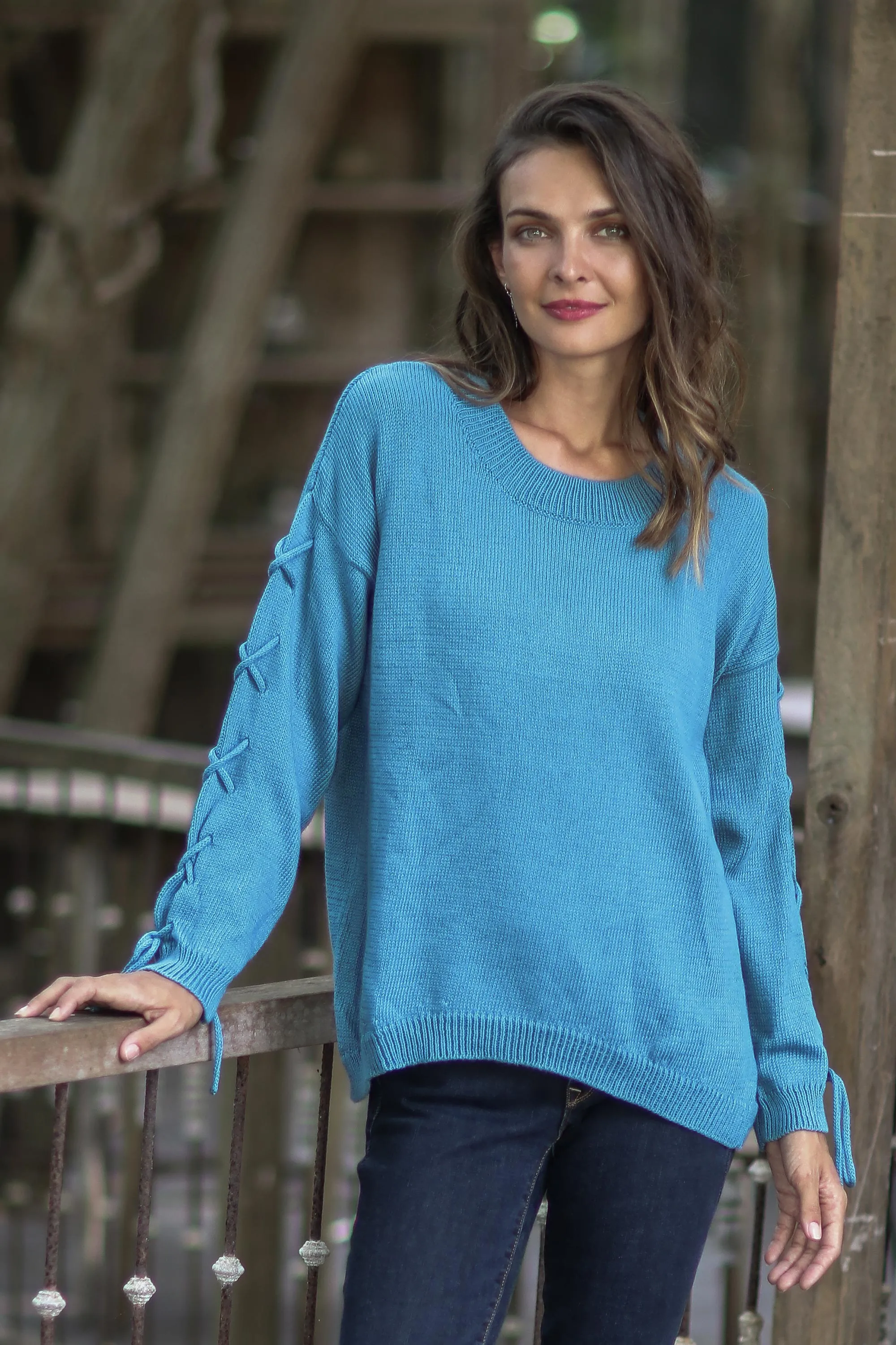 Knit Cotton Pullover in Cerulean from Thailand - Cool Cross in Cerulean | NOVICA