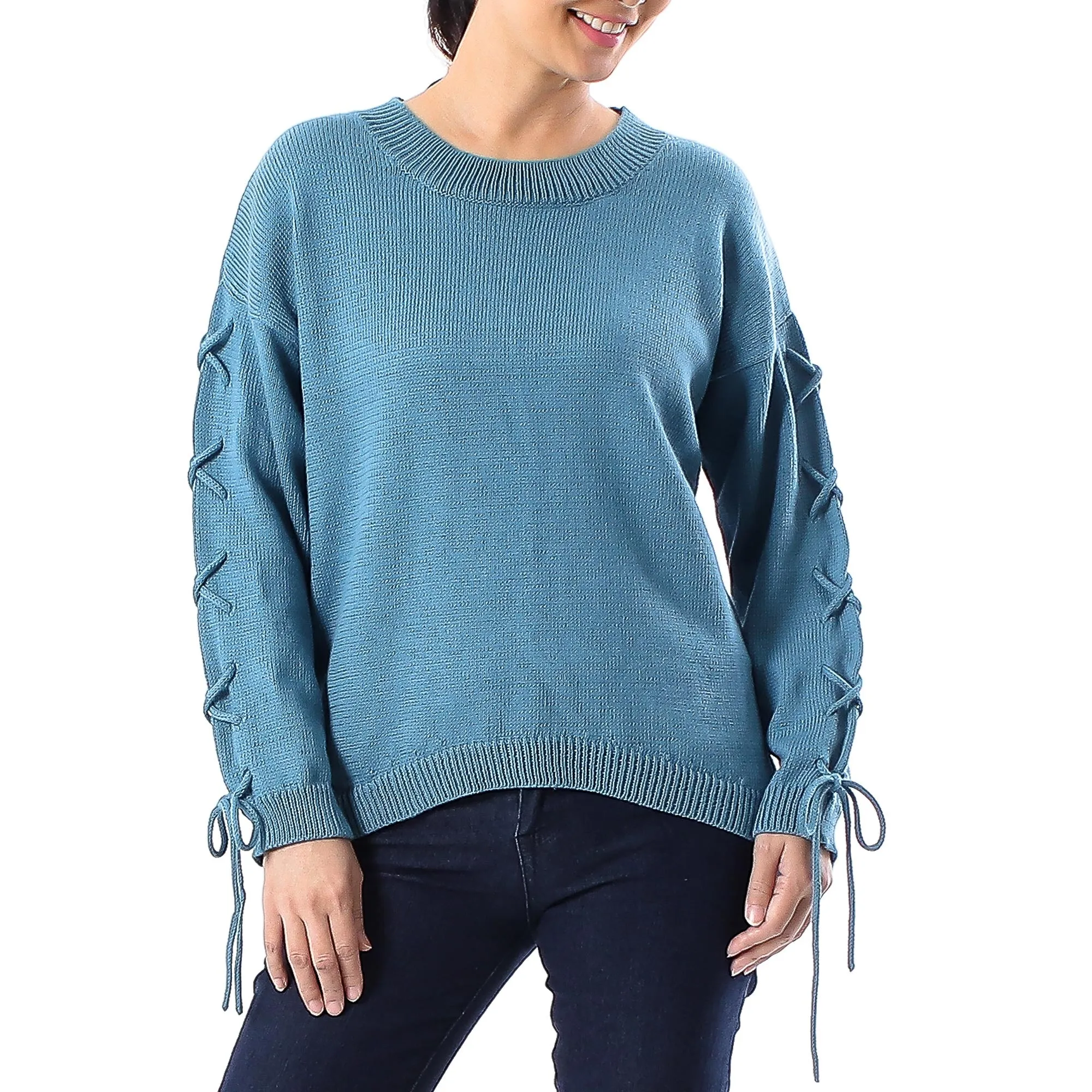 Knit Cotton Pullover in Cerulean from Thailand - Cool Cross in Cerulean | NOVICA