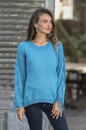 Knit Cotton Pullover in Cerulean from Thailand - Cool Cross in Cerulean | NOVICA