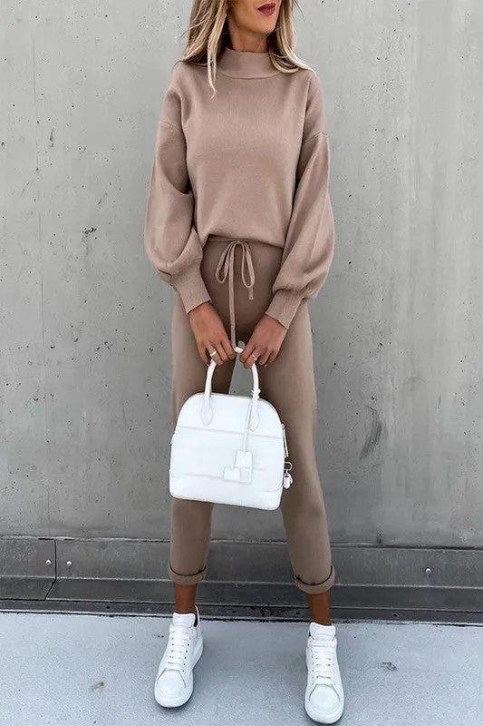 Knit solid top and pants casual Sweater   Pants Set