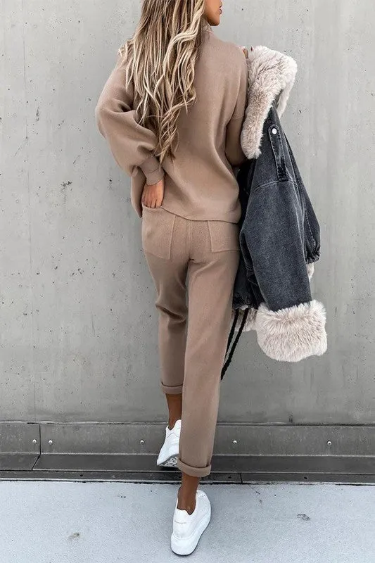 Knit solid top and pants casual Sweater   Pants Set