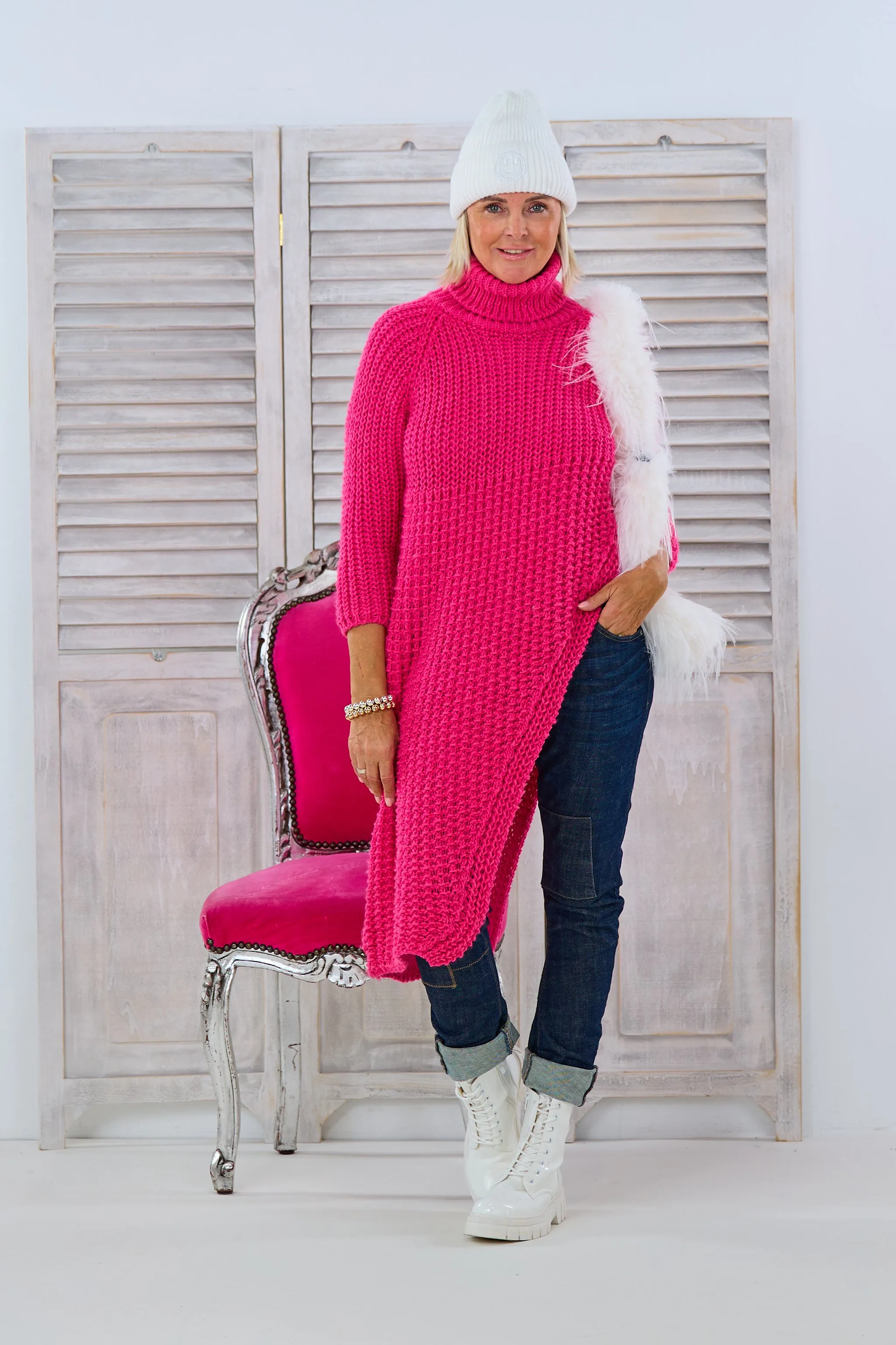 Longpulli, asymmetrisch mit Raglanärmeln, pink