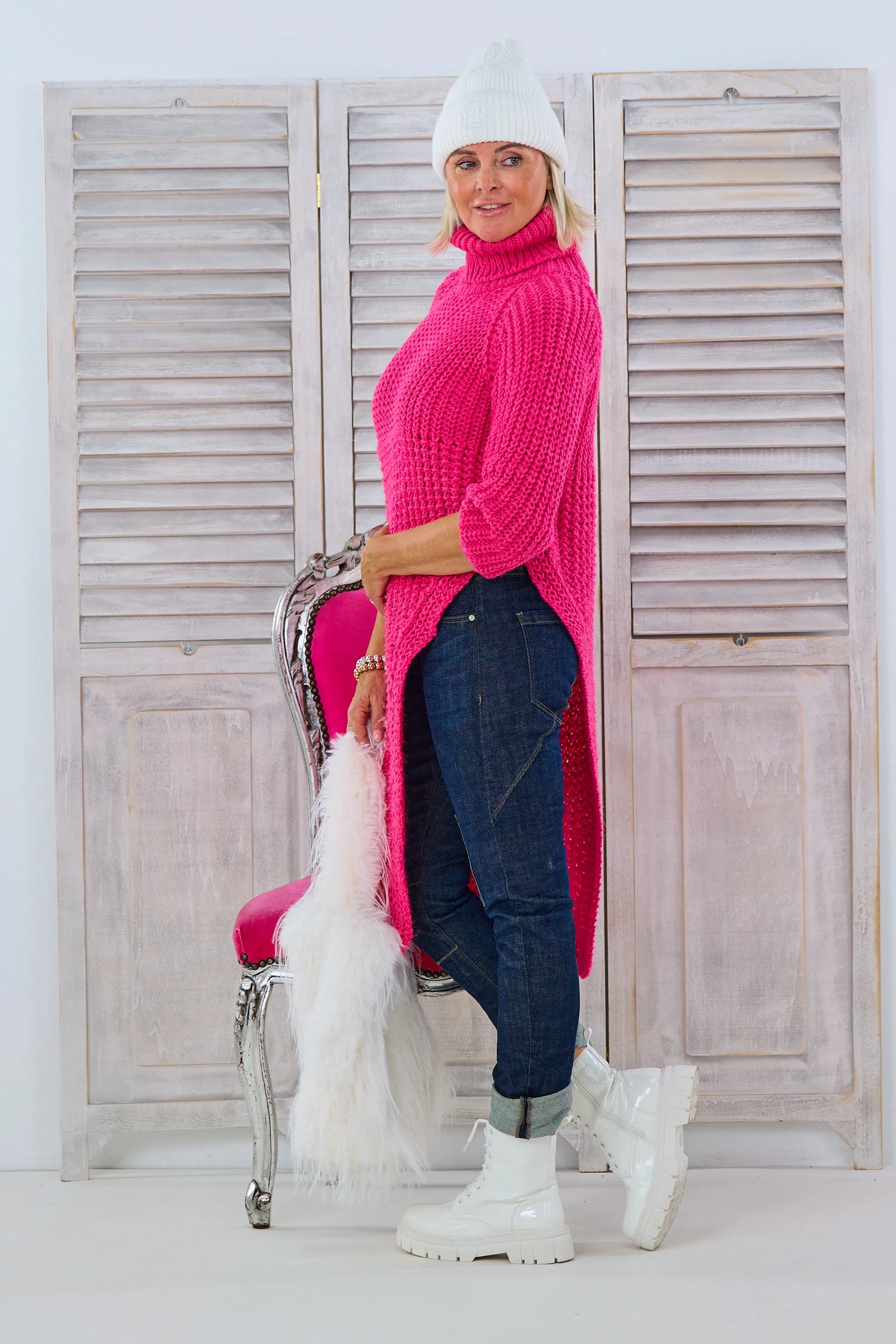 Longpulli, asymmetrisch mit Raglanärmeln, pink
