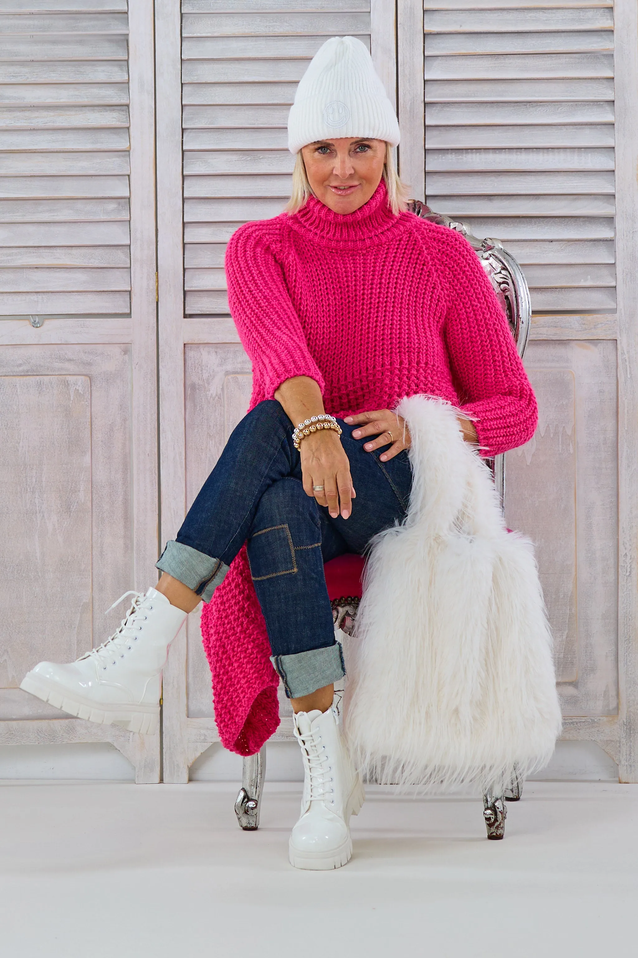 Longpulli, asymmetrisch mit Raglanärmeln, pink