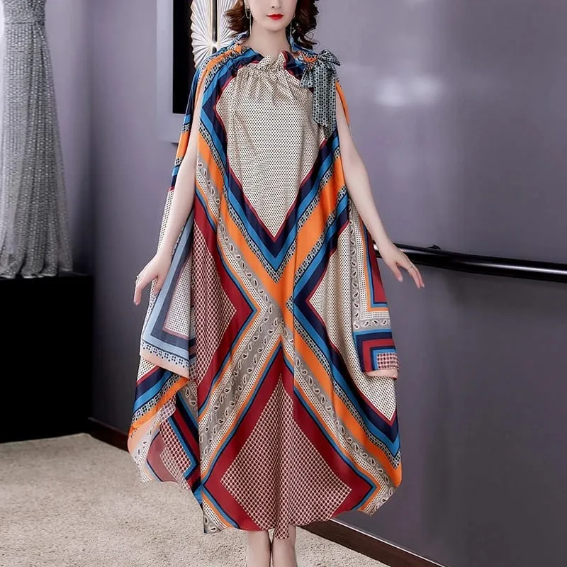 Loose Casual Print Mulberry Silk Maxi Dress Spring Summer Vintage Dress M X4410376
