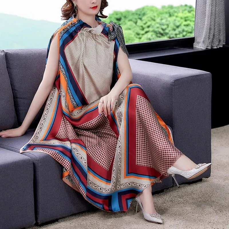 Loose Casual Print Mulberry Silk Maxi Dress Spring Summer Vintage Dress M X4410376