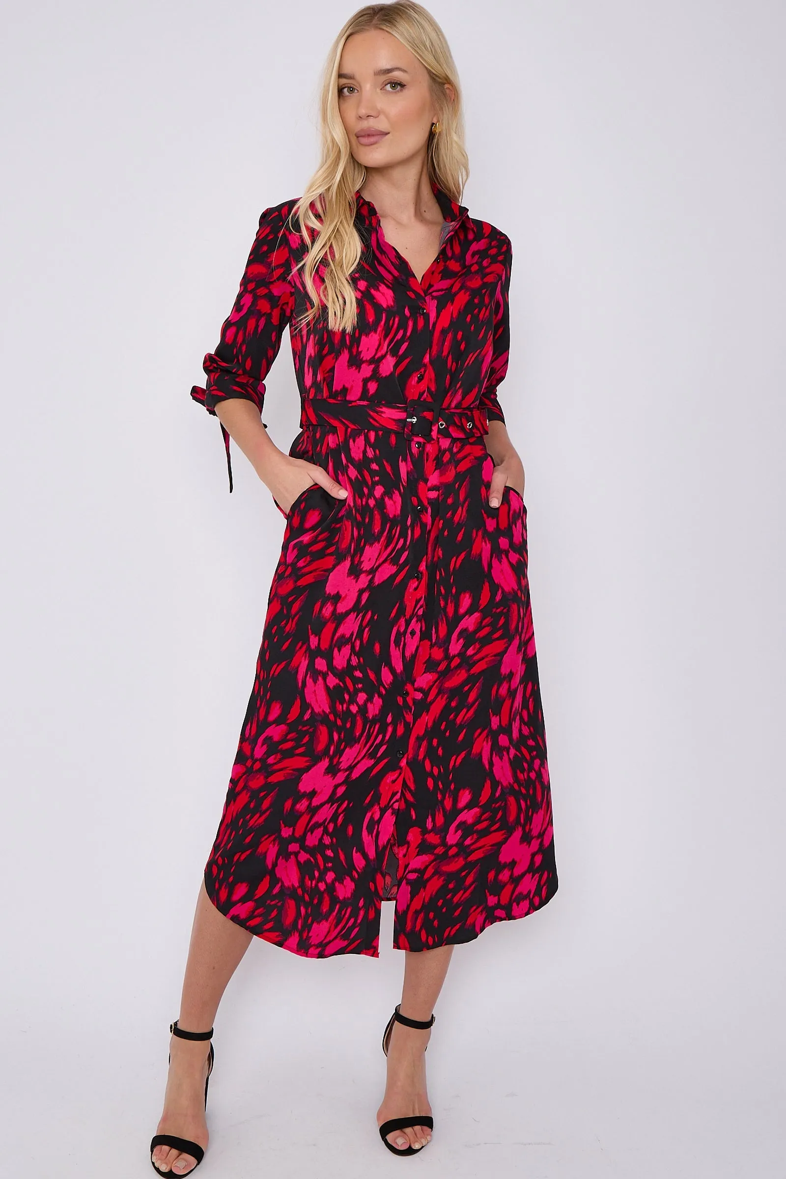 LOVE SUNSHINE Fuchsia Leopard Print Half Sleeve Belted Maxi Shirt Dress