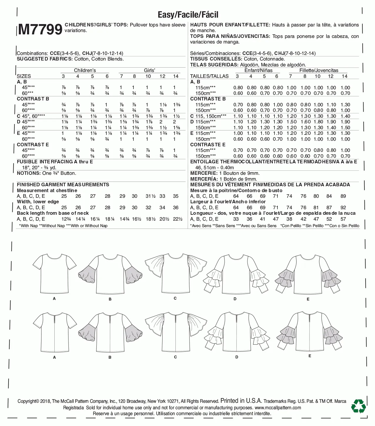 McCall's Pattern M7799 Children's/Girls' Tops