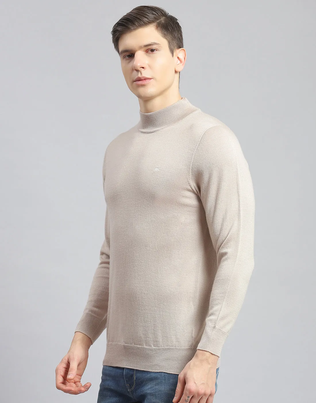 Men Beige Solid T Neck Full Sleeve Pullover