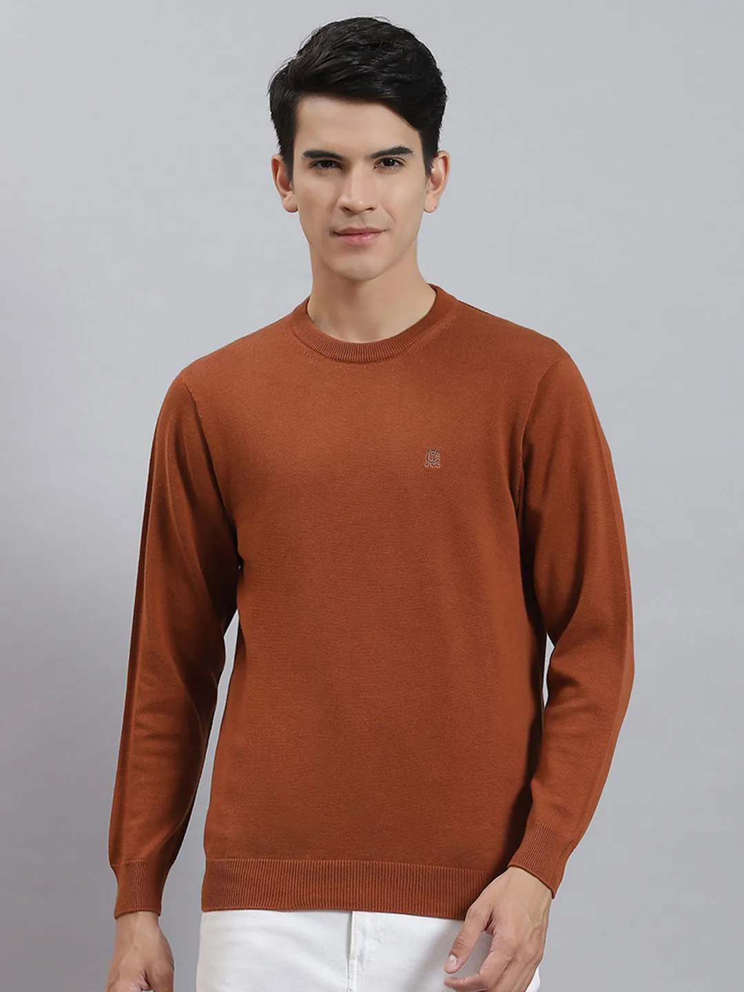 Men Rust Solid Round Neck Full Sleeve Sweaters/Pullovers