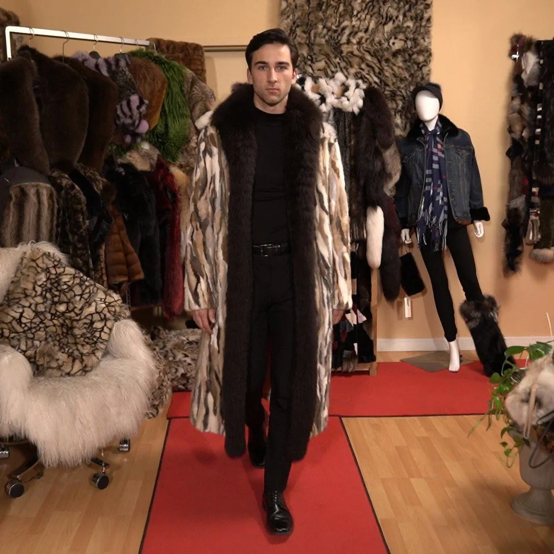 Men’s Long Coat Beige Mink with Fox Trim