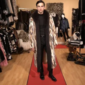 Men’s Long Coat Beige Mink with Fox Trim