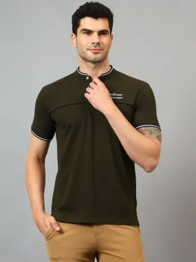 Men's Olive Green Mandarin neck Half Sleeve T-Shirt with cut and sew