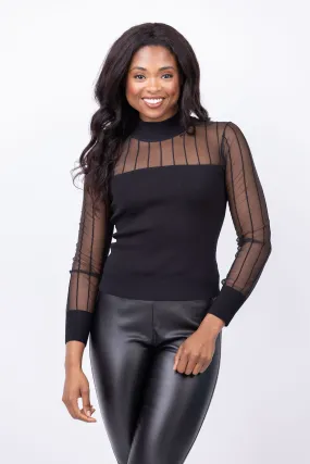 Milly Krissy Sheer Combo Knit Mockneck Top in Black