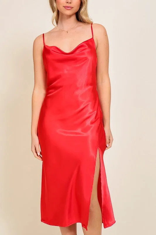 NEW SLEEVELESS COWL NECK SATIN MIDI DRESS (RED) | PRE-ORDER