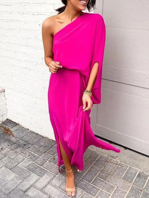 One-shoulder Bat Sleeve Loose Maxi Dress
