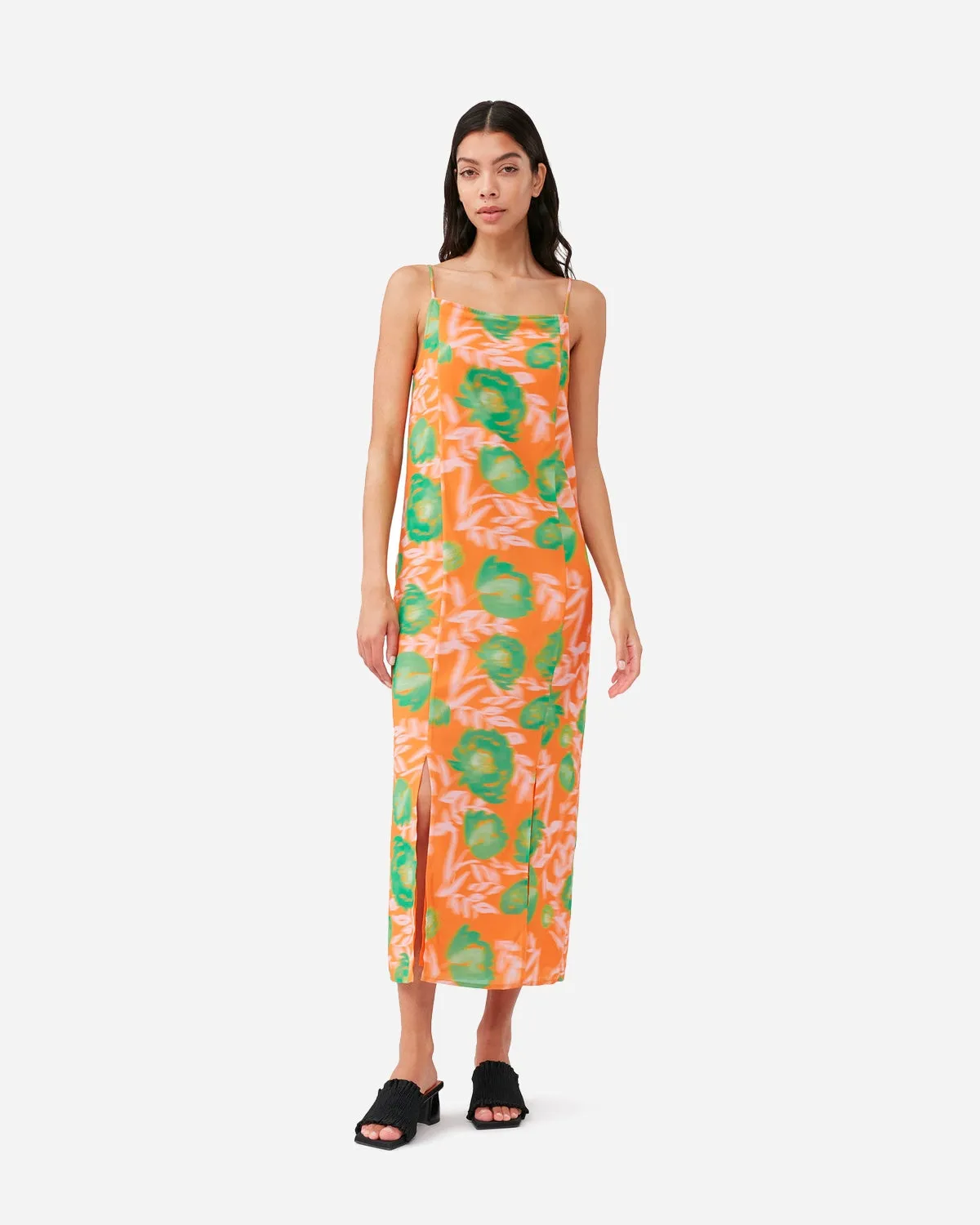 Printed Light Crepe Slip Dress - Vibrant Orange