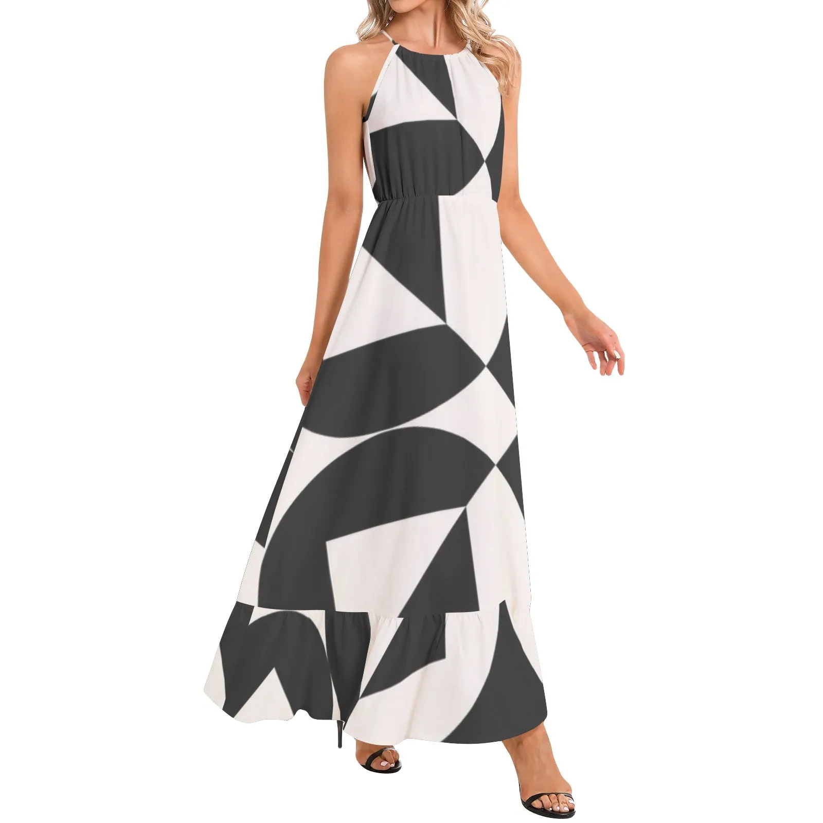 Sacred Geometry Ruffle Hem Halter Neck Maxi Dress