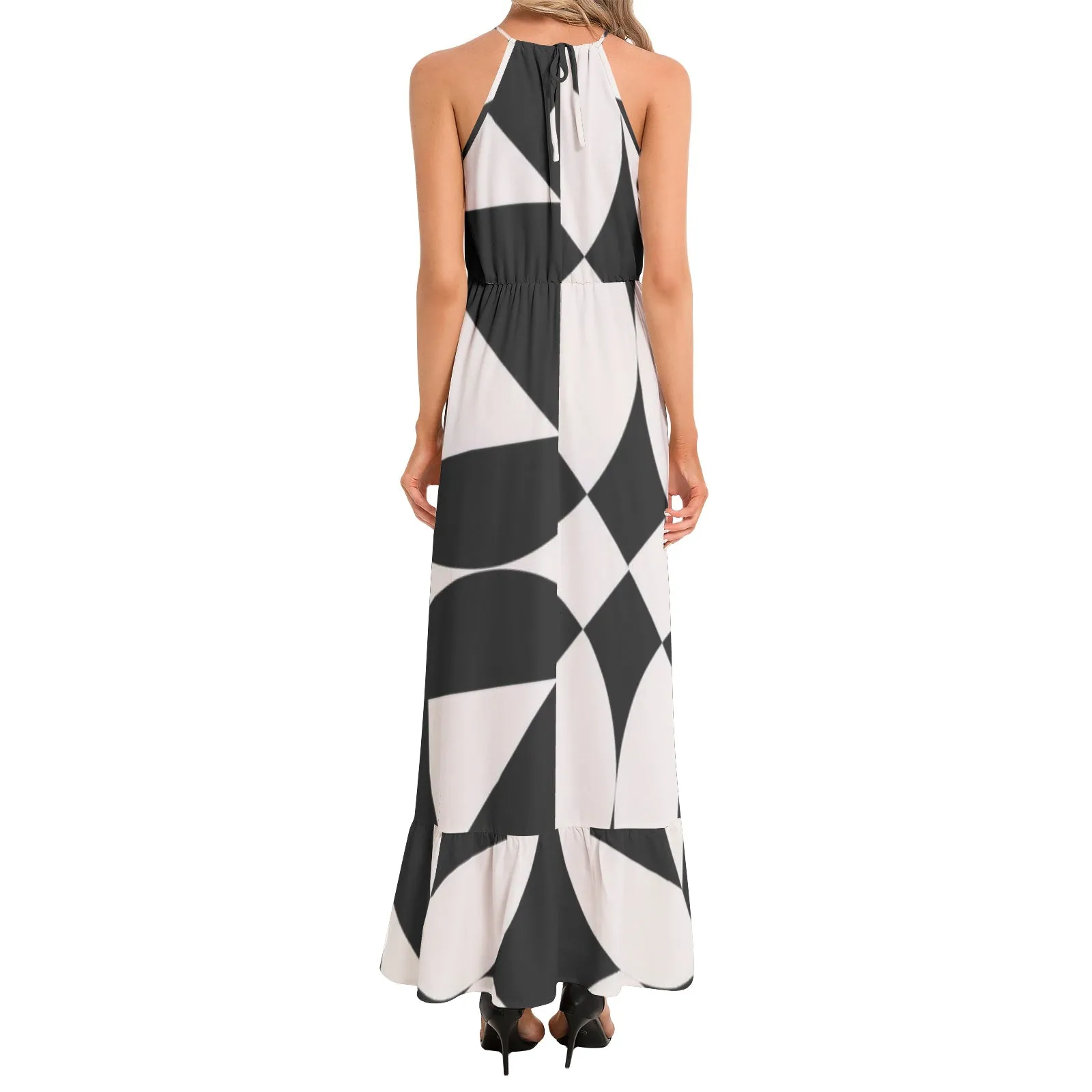 Sacred Geometry Ruffle Hem Halter Neck Maxi Dress