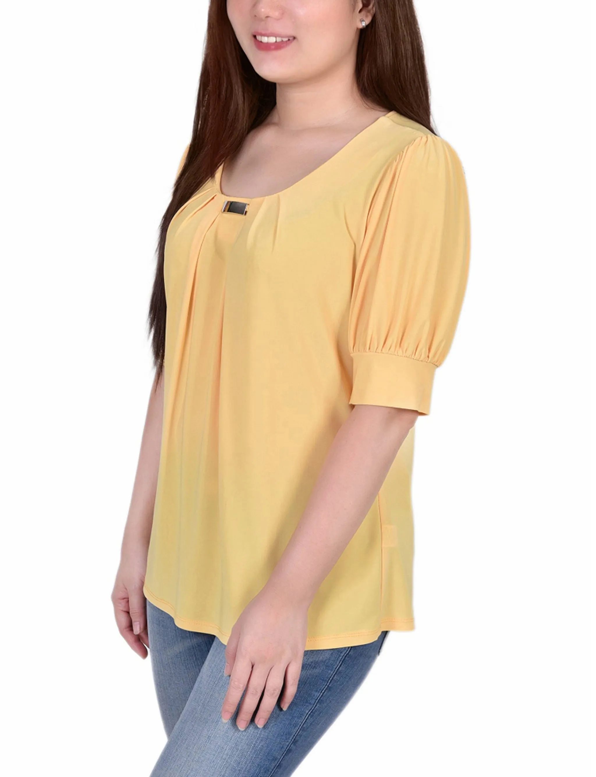 Short Sleeve Balloon Sleeve Top With Hardware - Petite