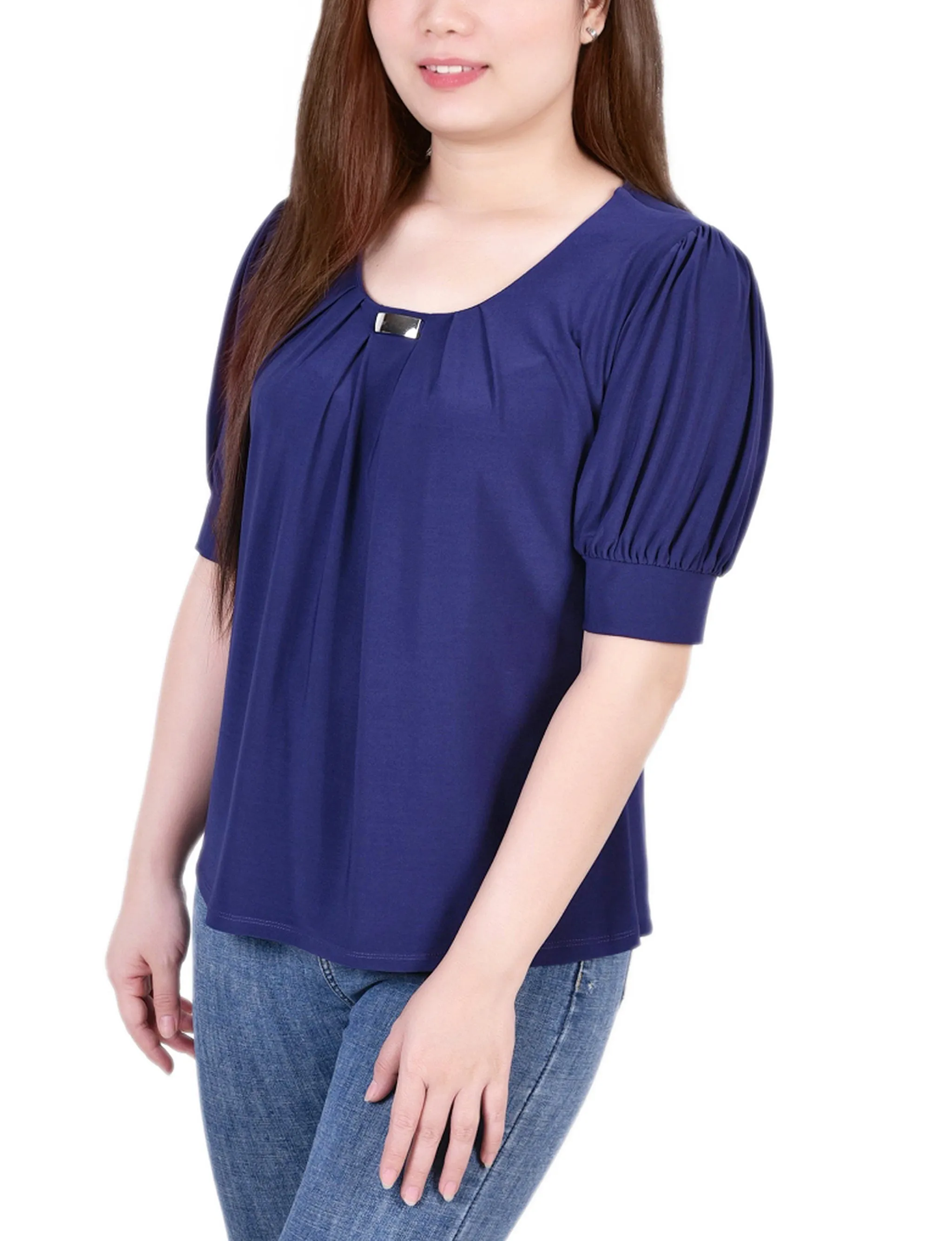 Short Sleeve Balloon Sleeve Top With Hardware - Petite