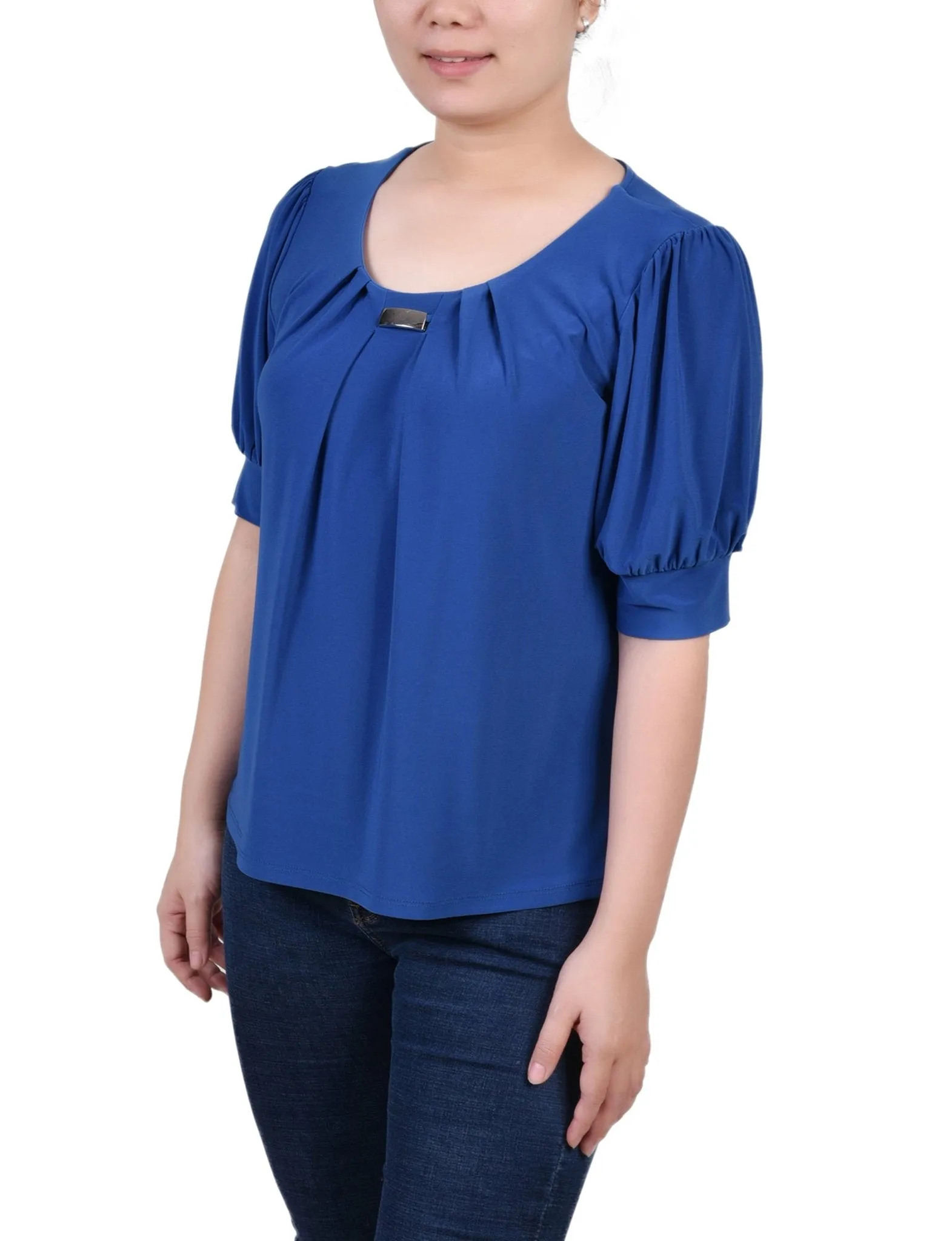Short Sleeve Balloon Sleeve Top With Hardware - Petite