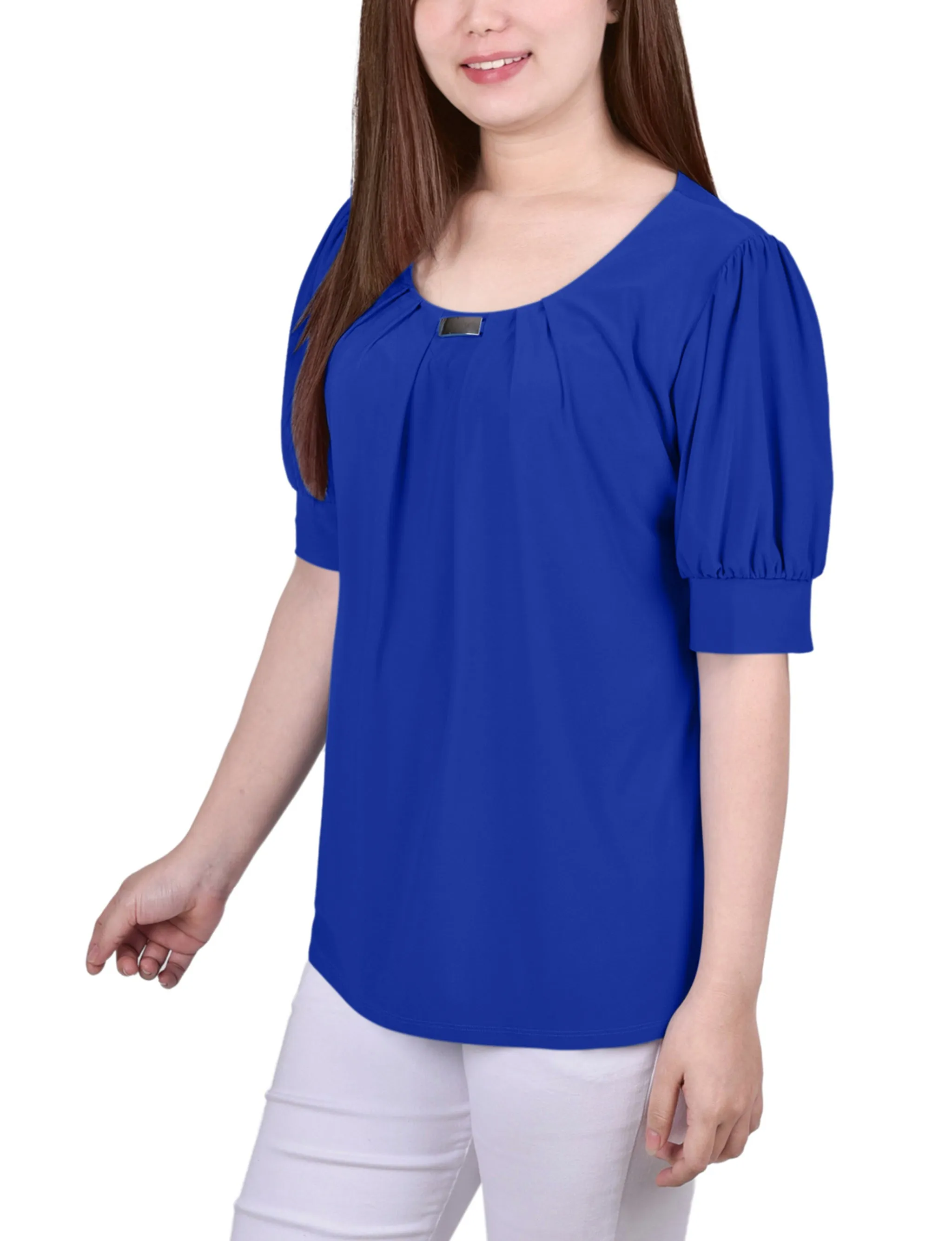 Short Sleeve Balloon Sleeve Top With Hardware - Petite