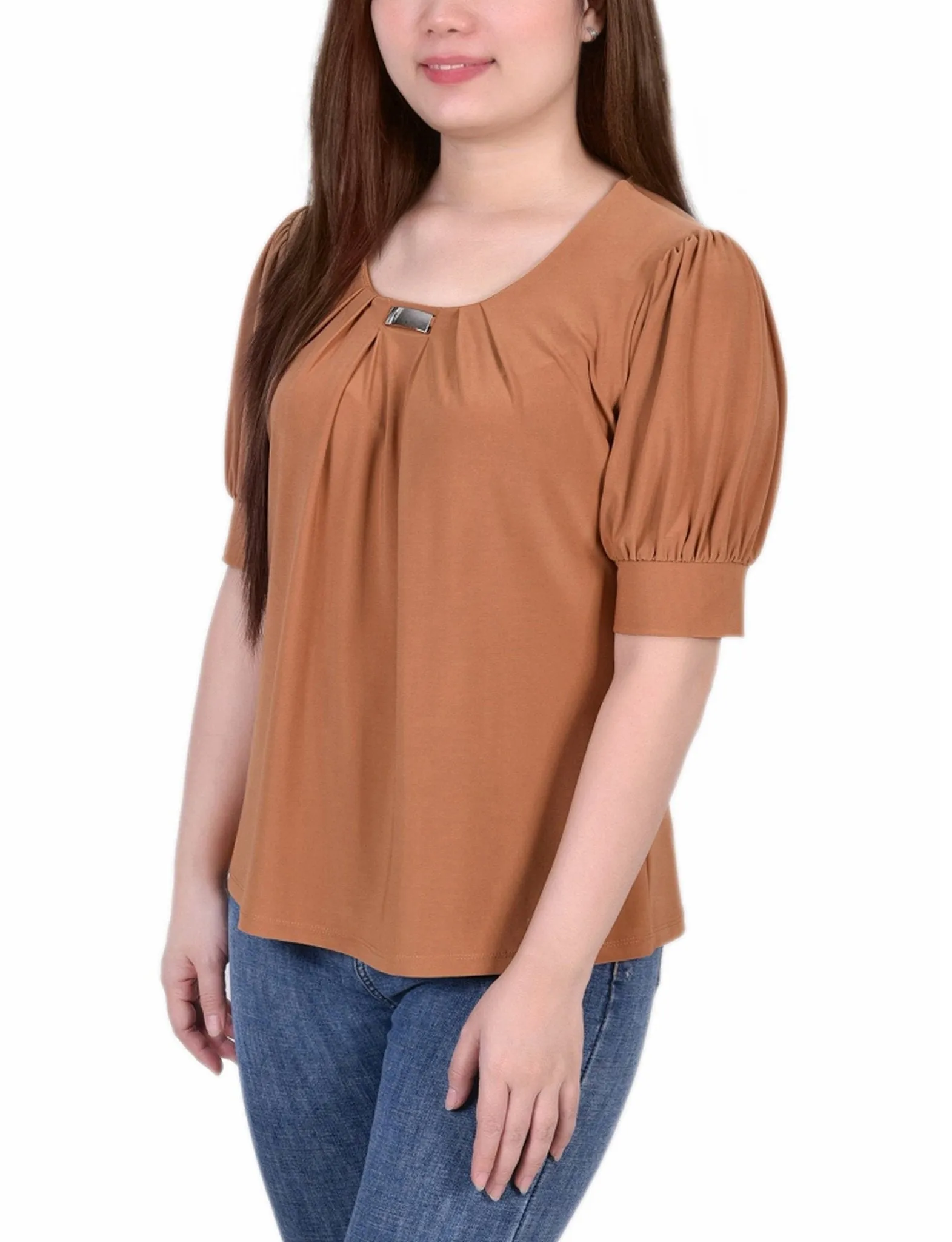 Short Sleeve Balloon Sleeve Top With Hardware - Petite