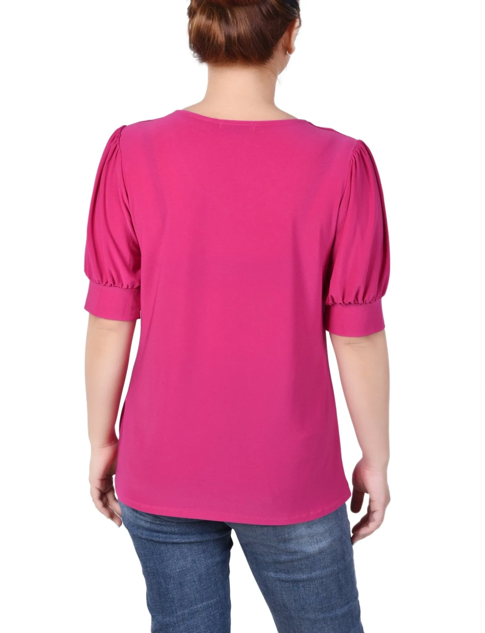 Short Sleeve Balloon Sleeve Top With Hardware - Petite