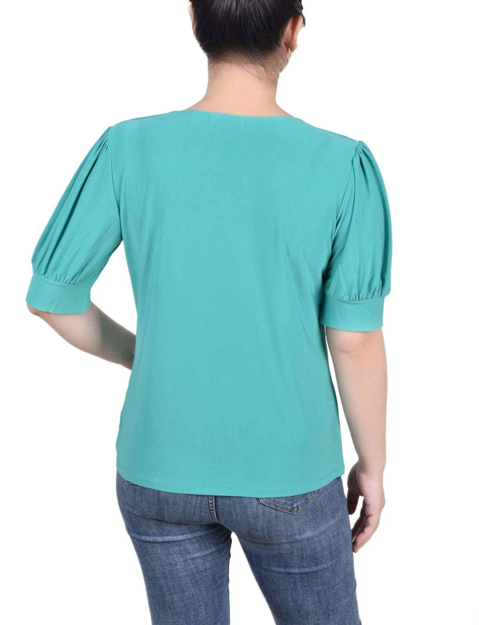 Short Sleeve Balloon Sleeve Top With Hardware - Petite