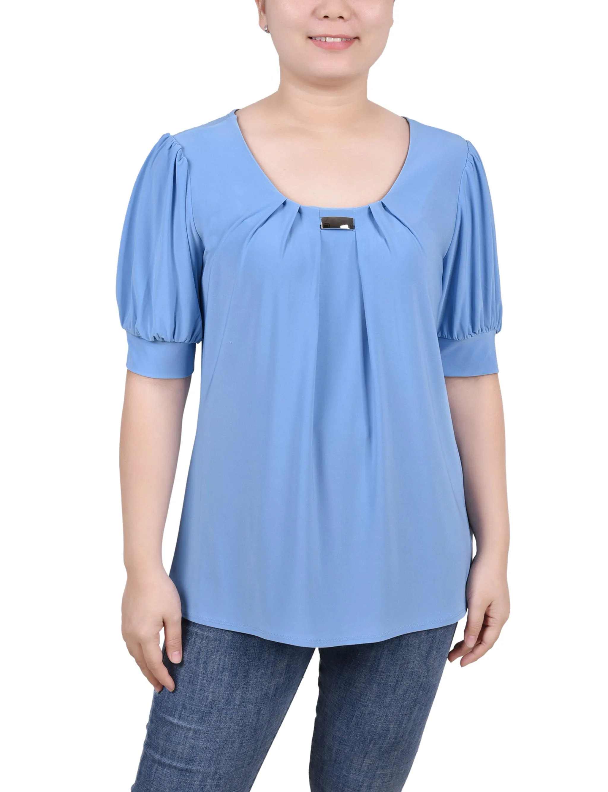 Short Sleeve Balloon Sleeve Top With Hardware - Petite
