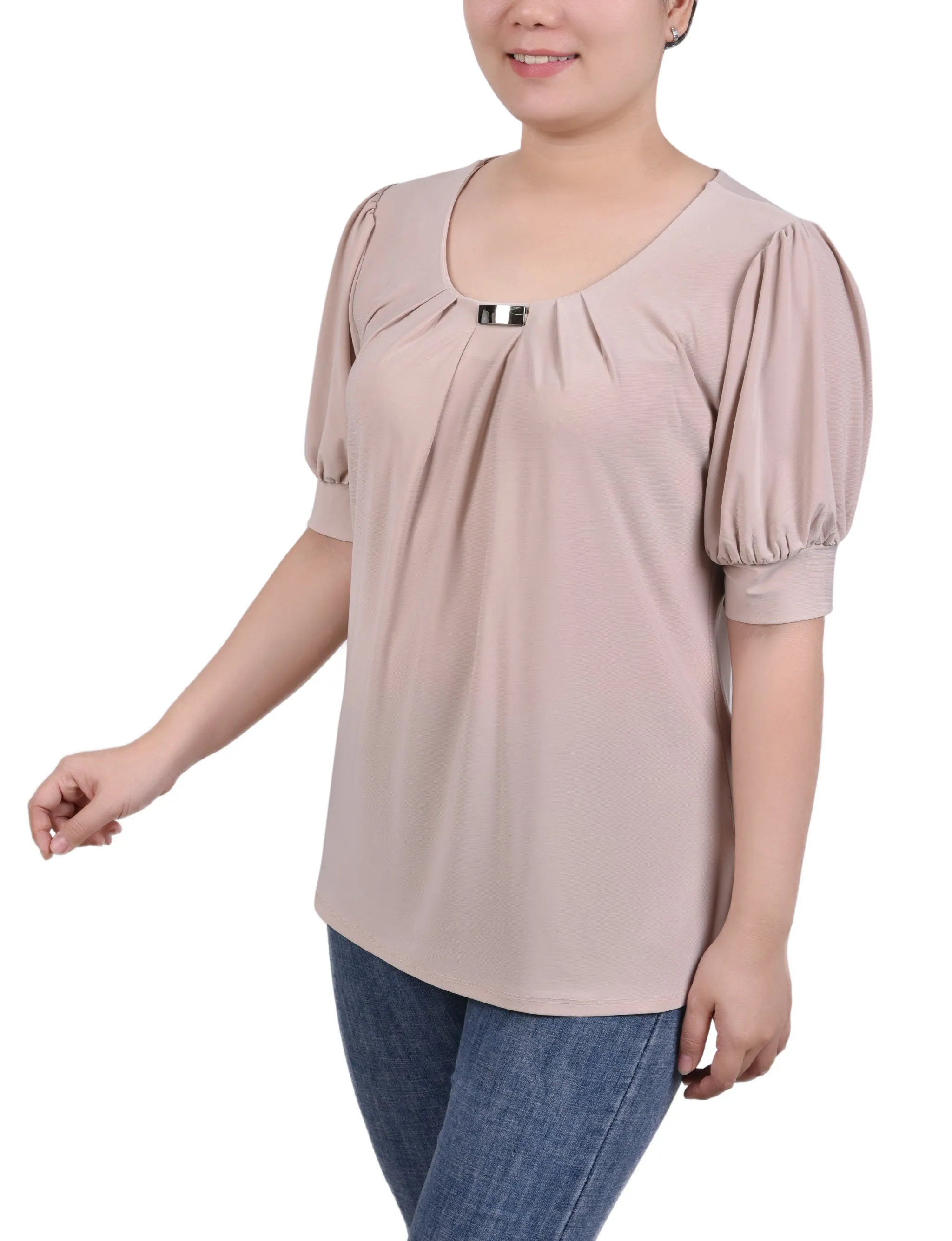 Short Sleeve Balloon Sleeve Top With Hardware - Petite