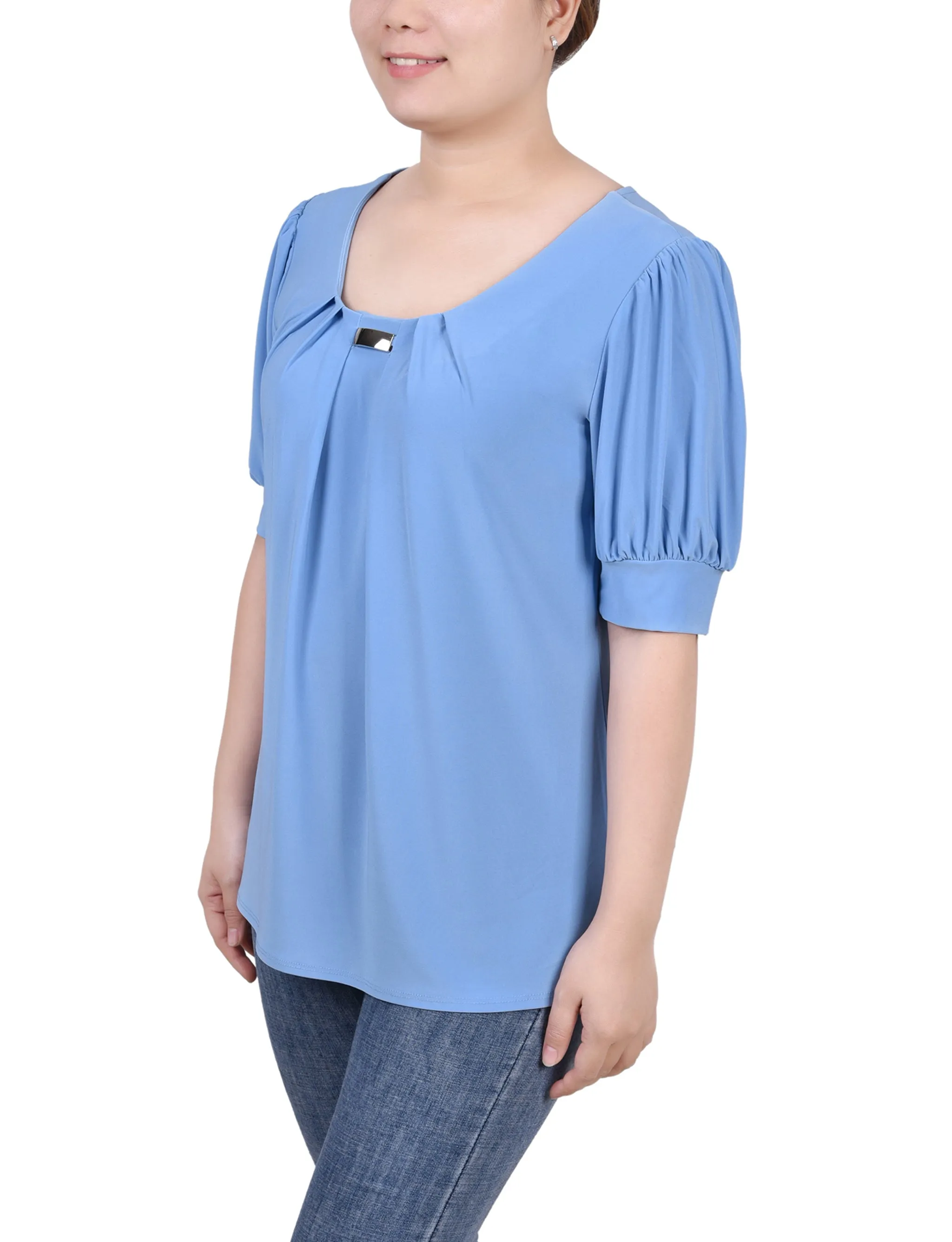 Short Sleeve Balloon Sleeve Top With Hardware - Petite