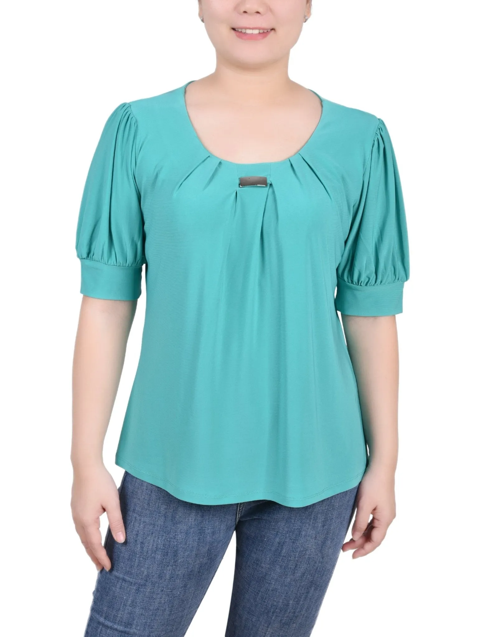 Short Sleeve Balloon Sleeve Top With Hardware - Petite