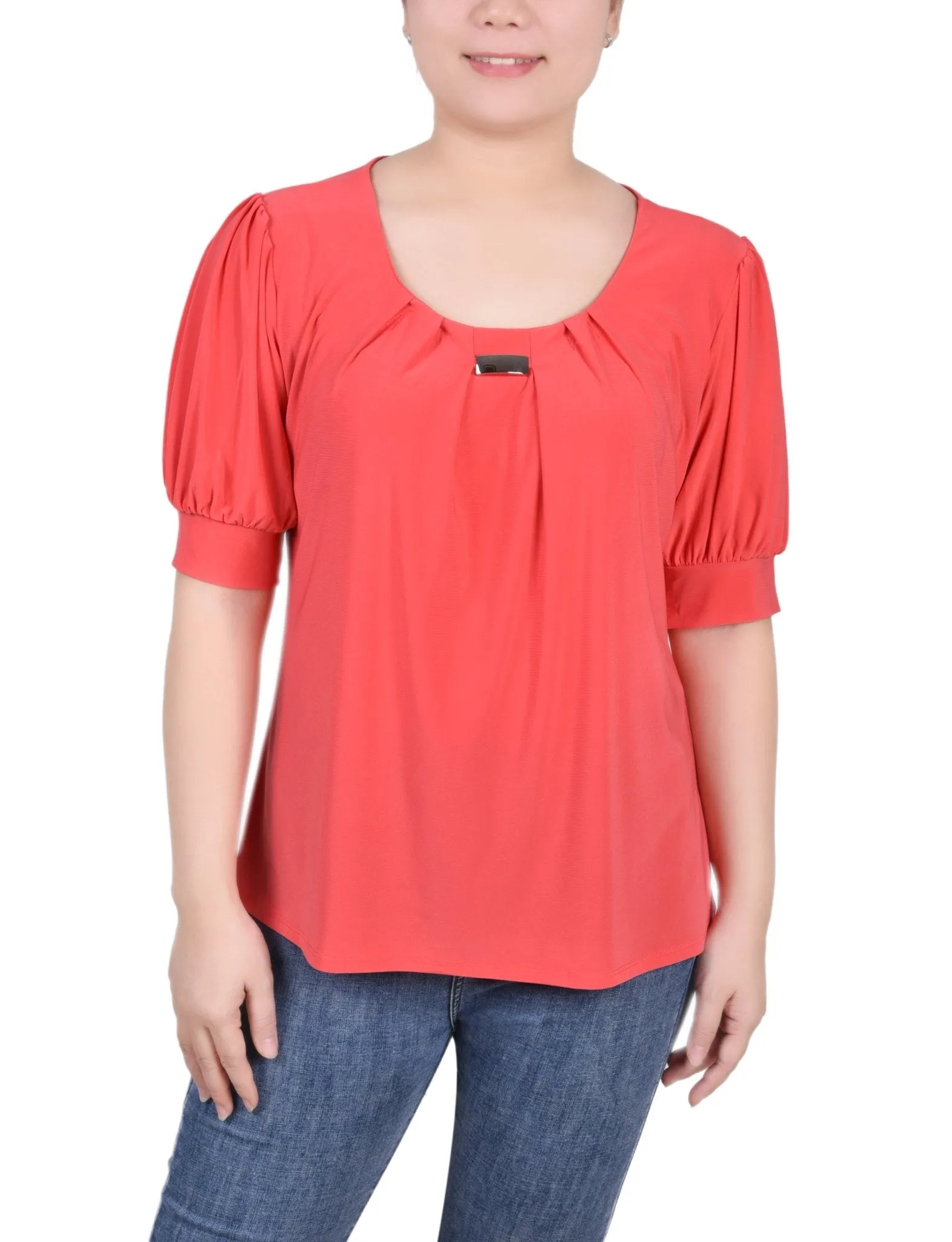 Short Sleeve Balloon Sleeve Top With Hardware - Petite