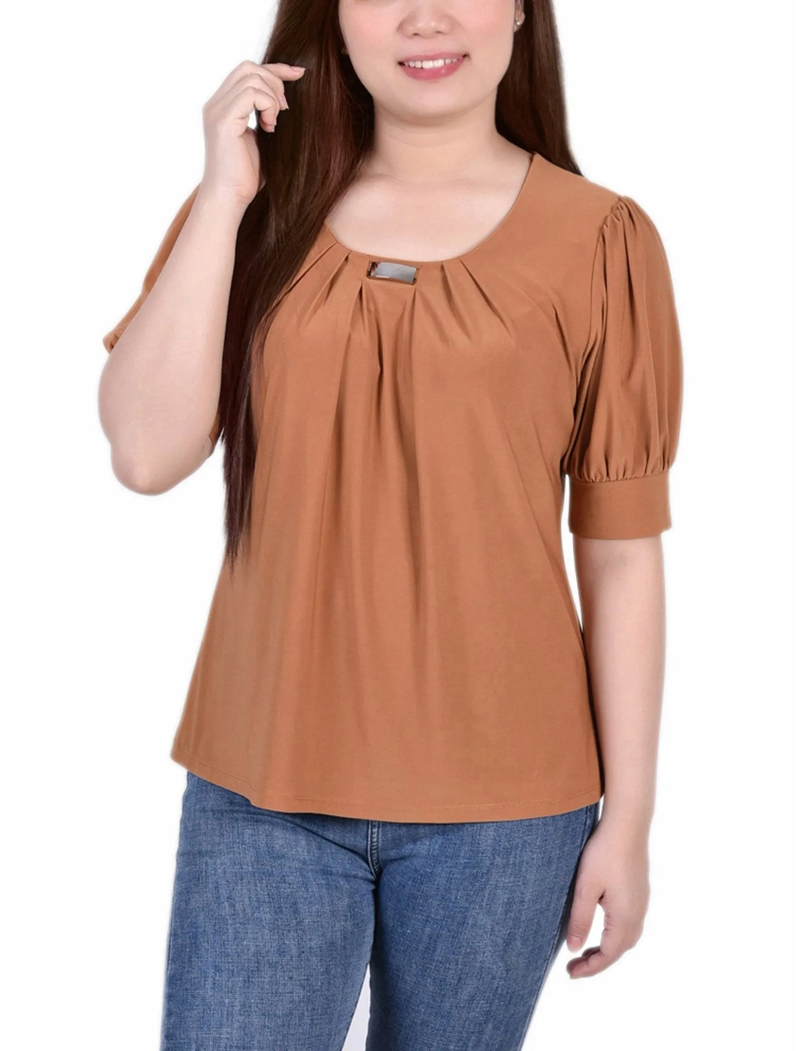 Short Sleeve Balloon Sleeve Top With Hardware - Petite