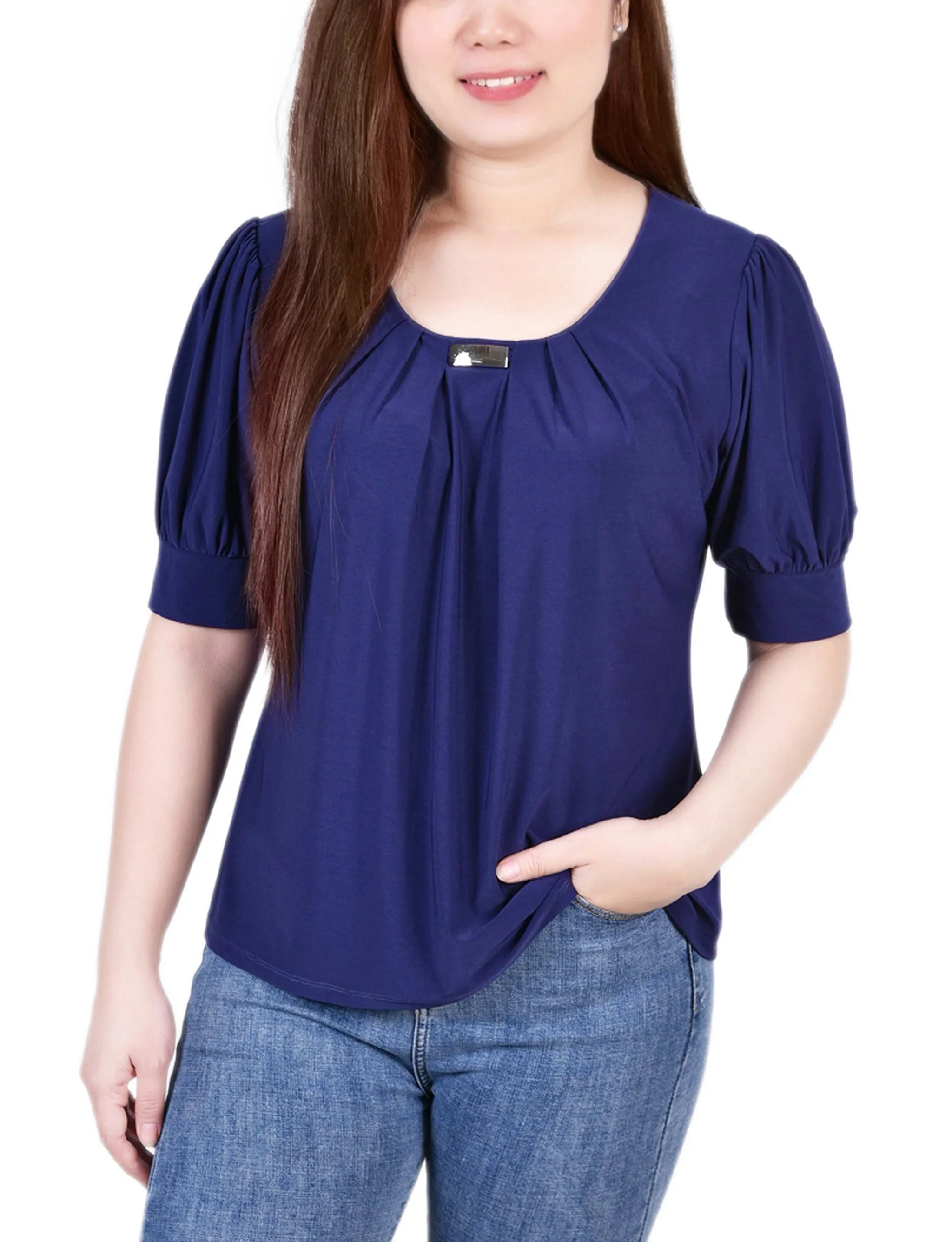 Short Sleeve Balloon Sleeve Top With Hardware - Petite