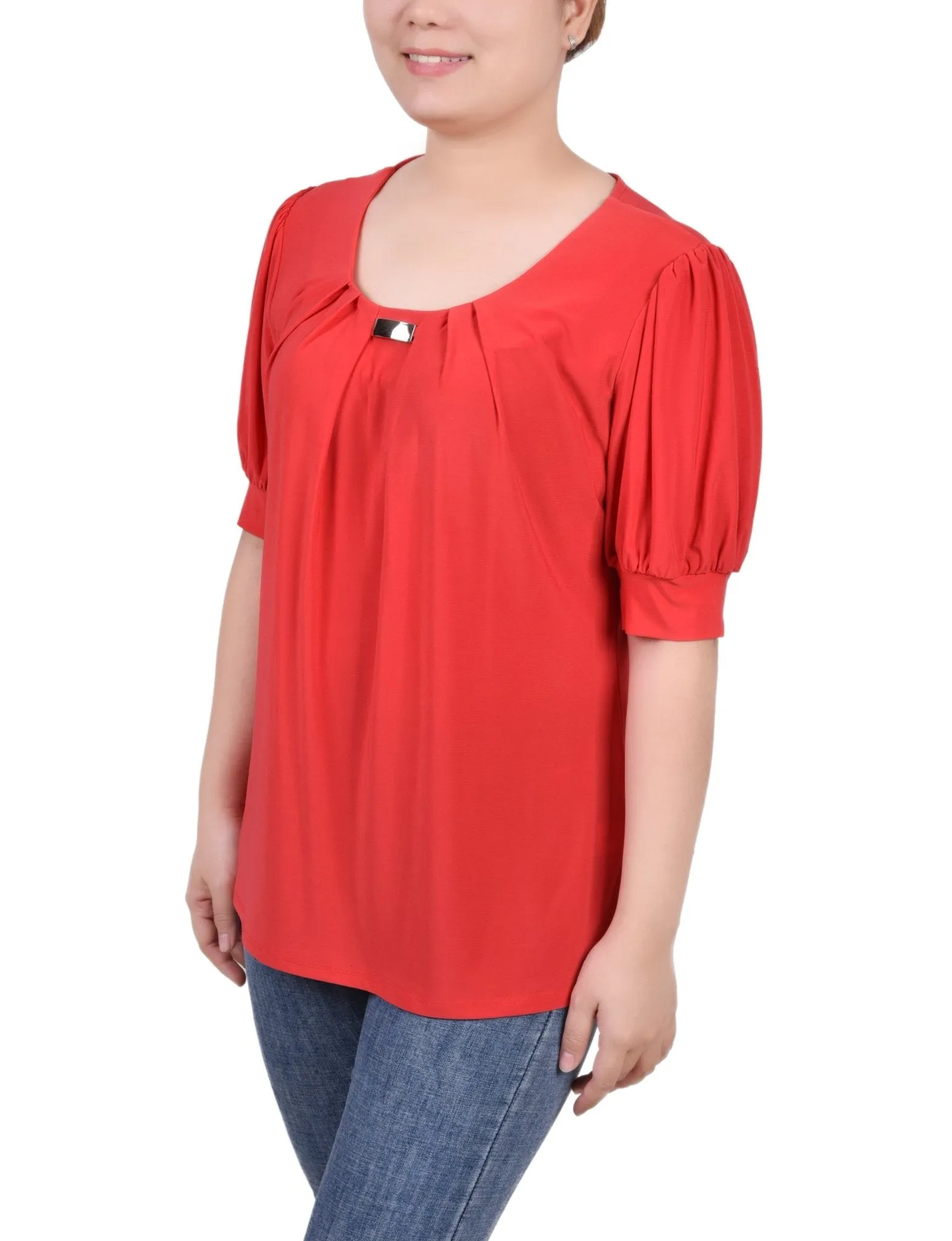 Short Sleeve Balloon Sleeve Top With Hardware - Petite