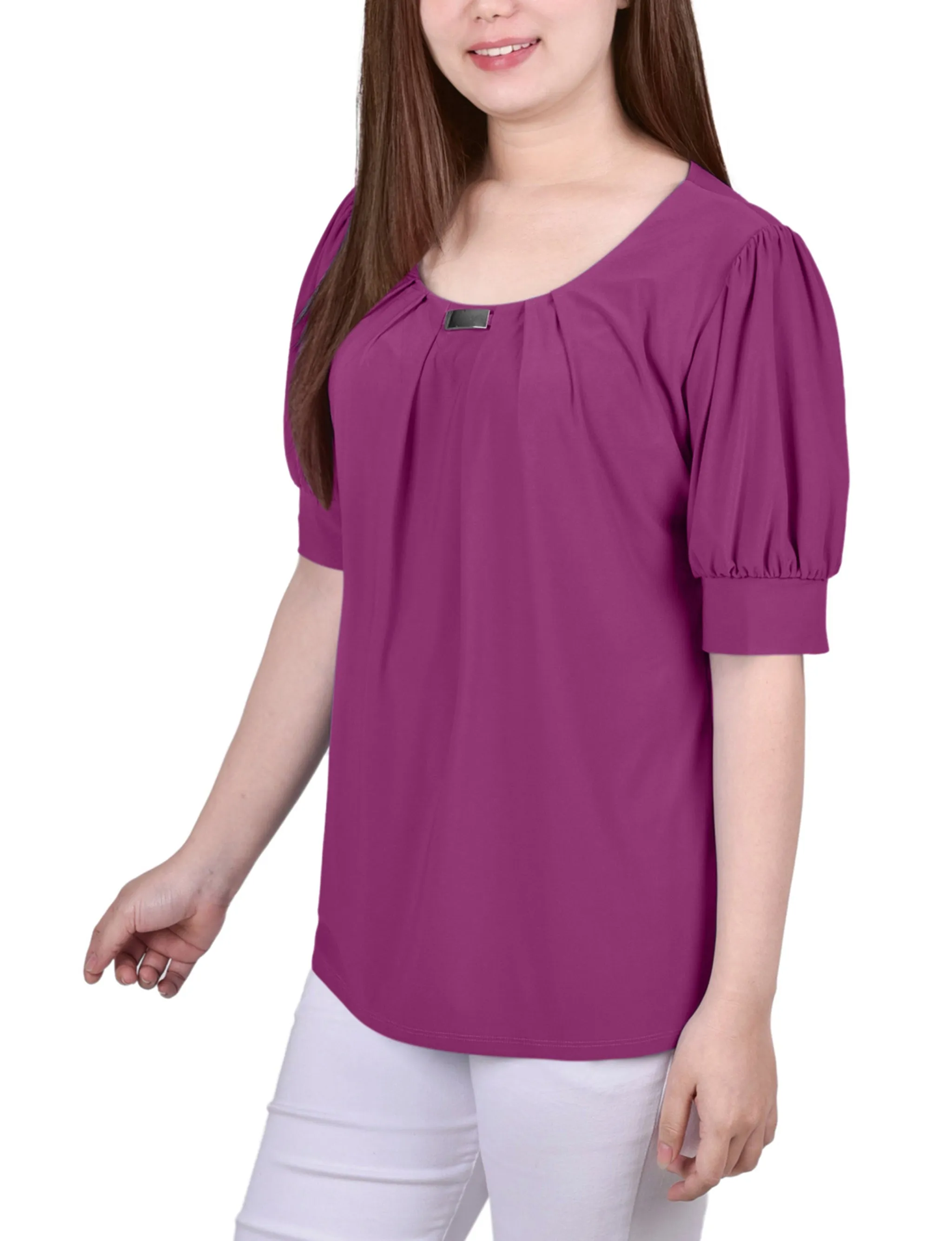 Short Sleeve Balloon Sleeve Top With Hardware - Petite