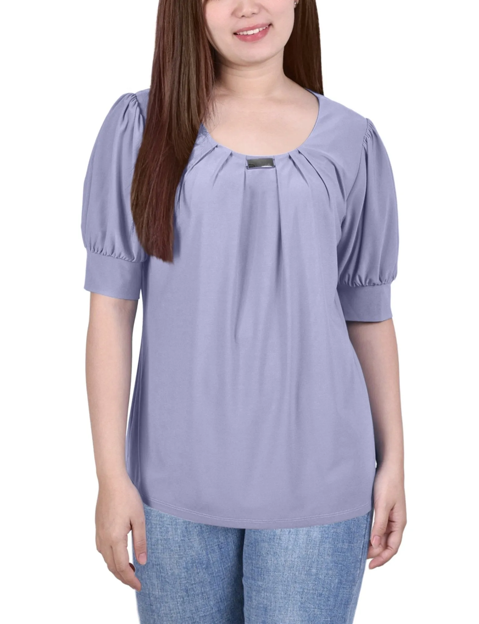 Short Sleeve Balloon Sleeve Top With Hardware - Petite