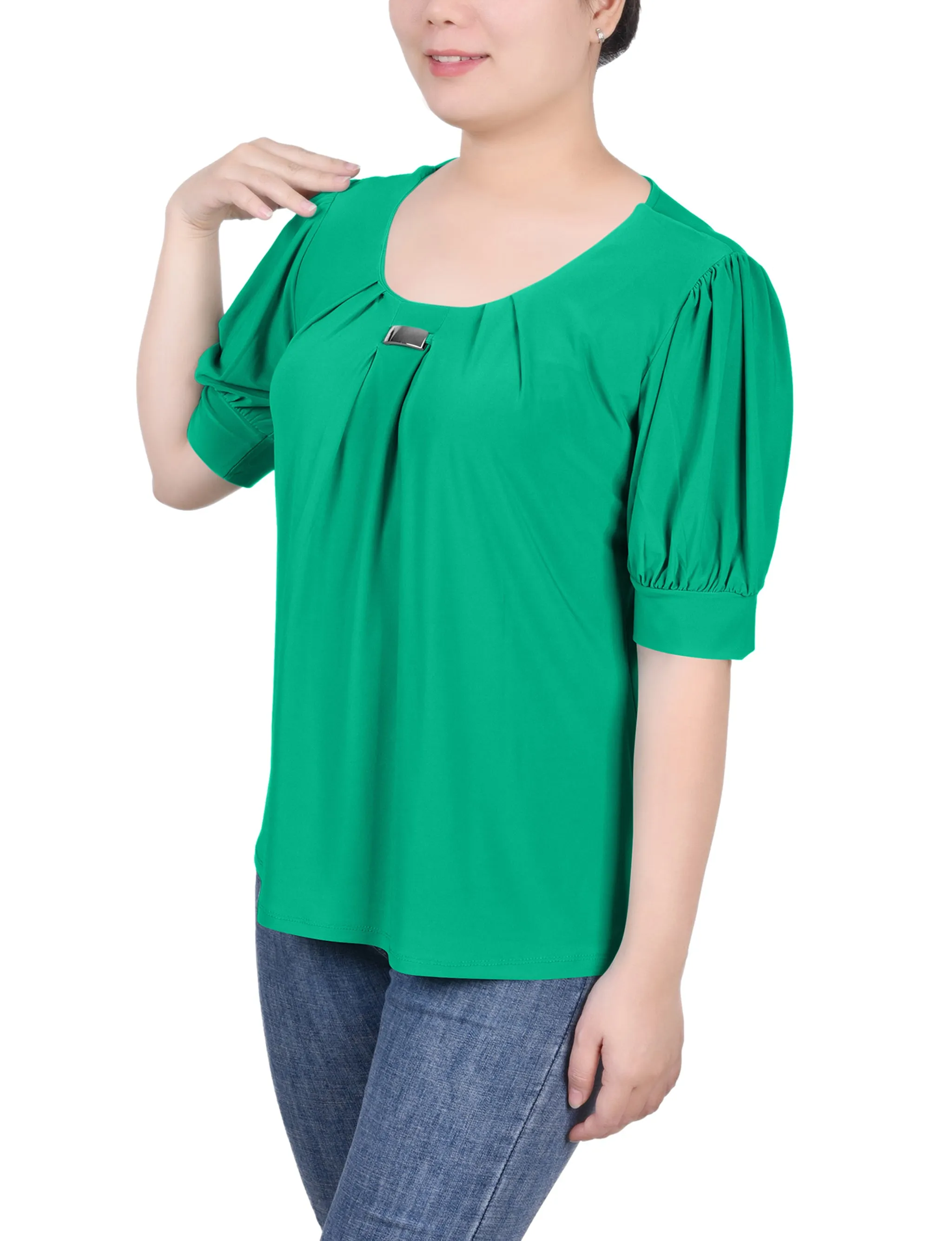 Short Sleeve Balloon Sleeve Top With Hardware - Petite