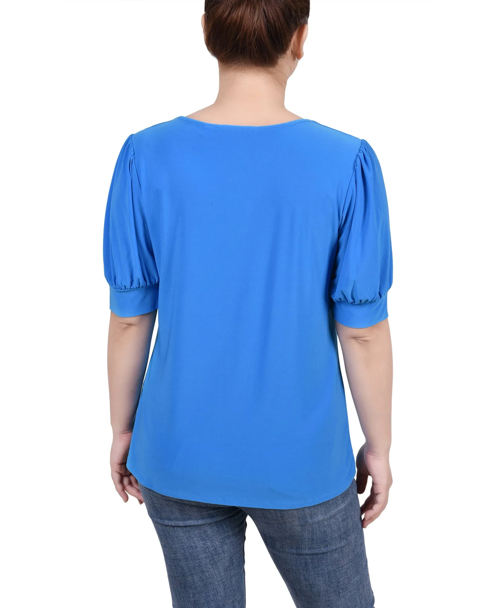 Short Sleeve Balloon Sleeve Top With Hardware - Petite
