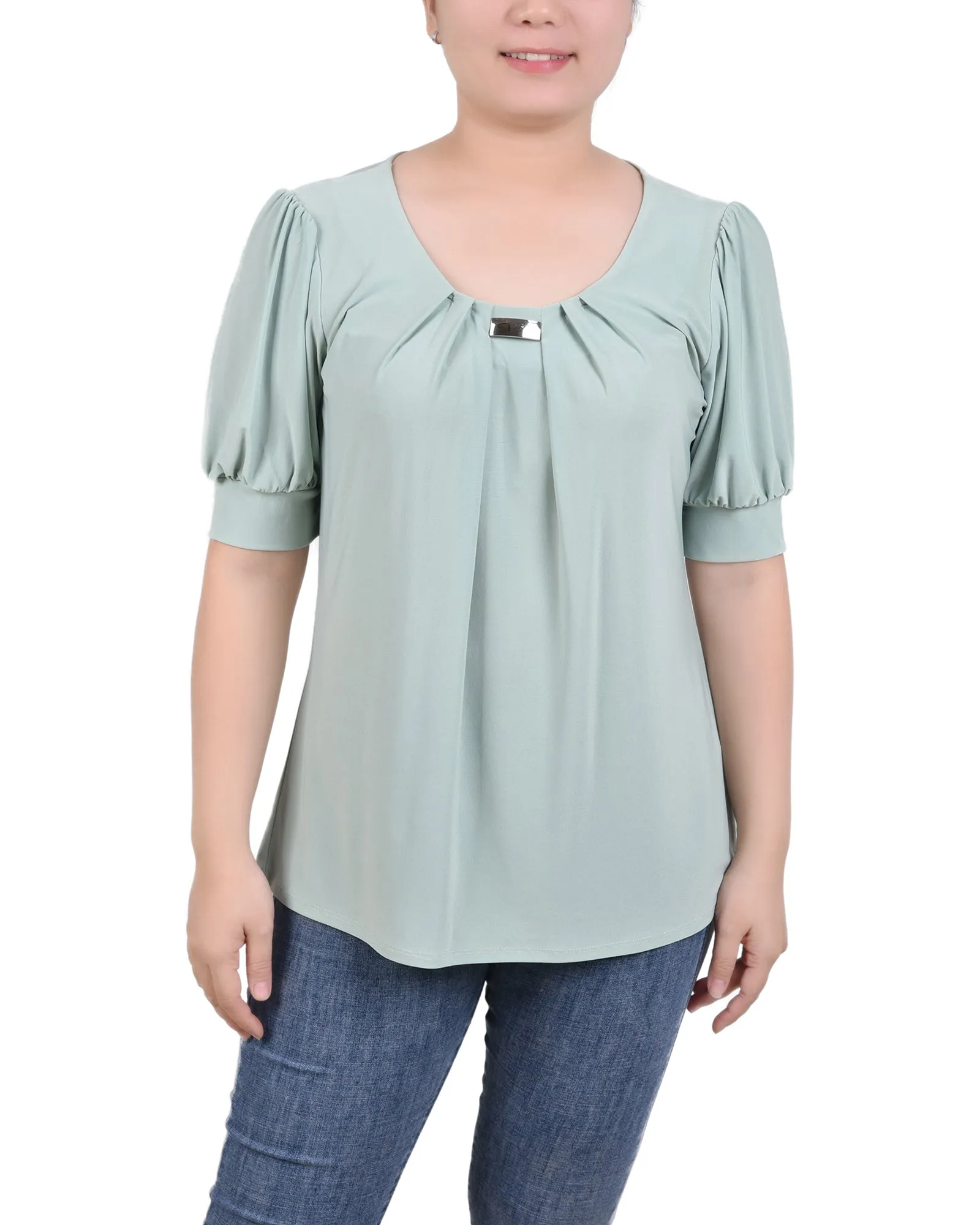 Short Sleeve Balloon Sleeve Top With Hardware - Petite
