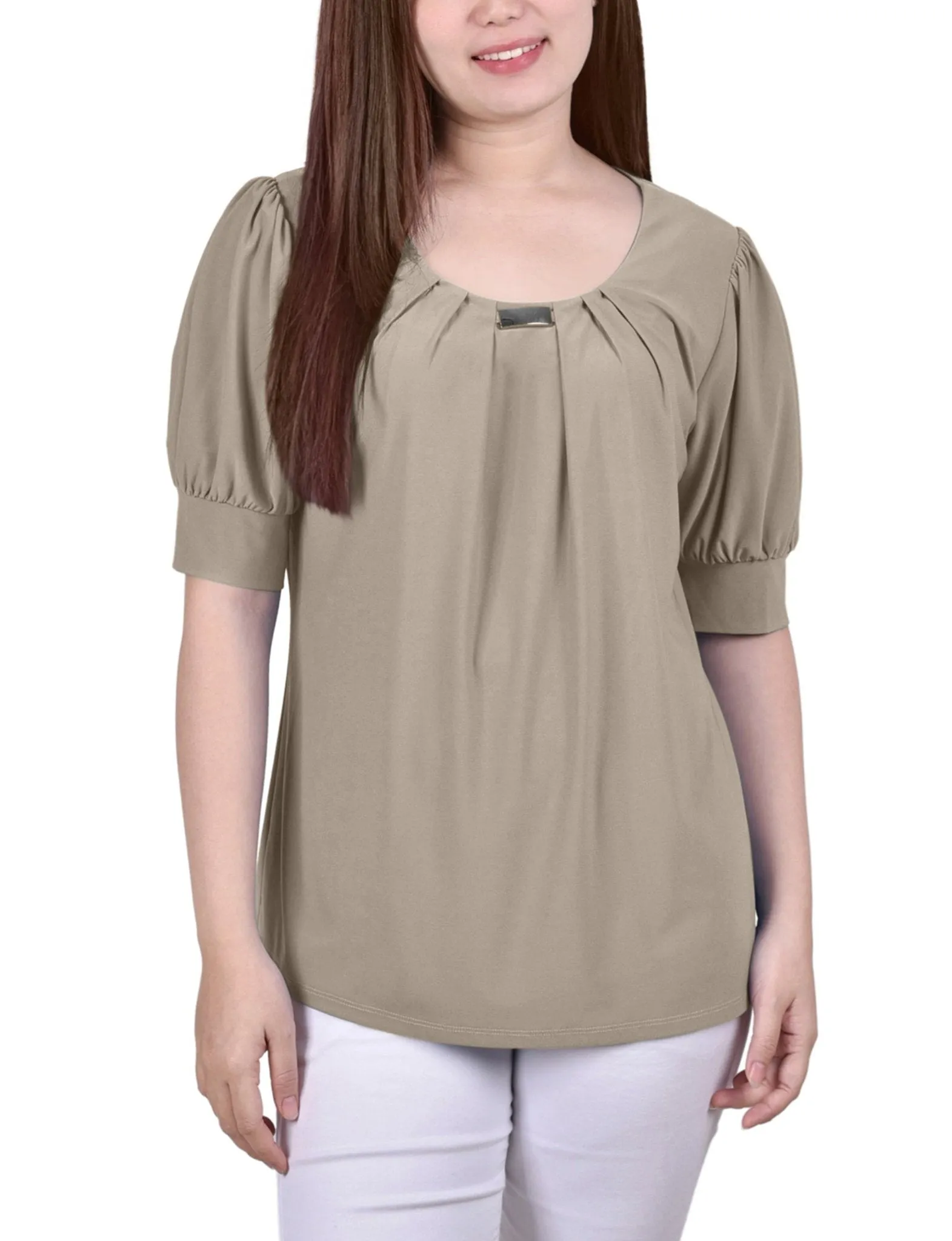 Short Sleeve Balloon Sleeve Top With Hardware - Petite