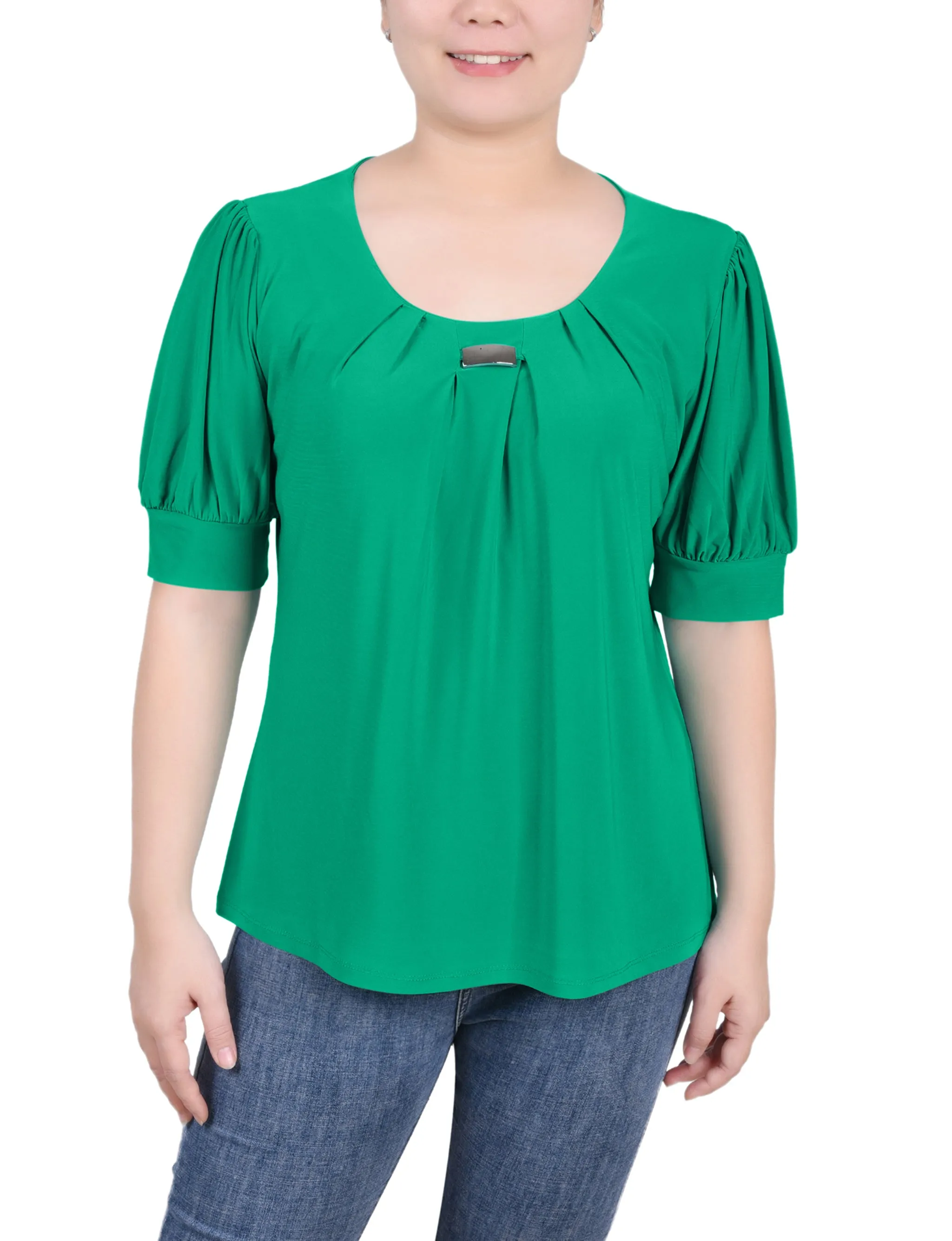 Short Sleeve Balloon Sleeve Top With Hardware - Petite